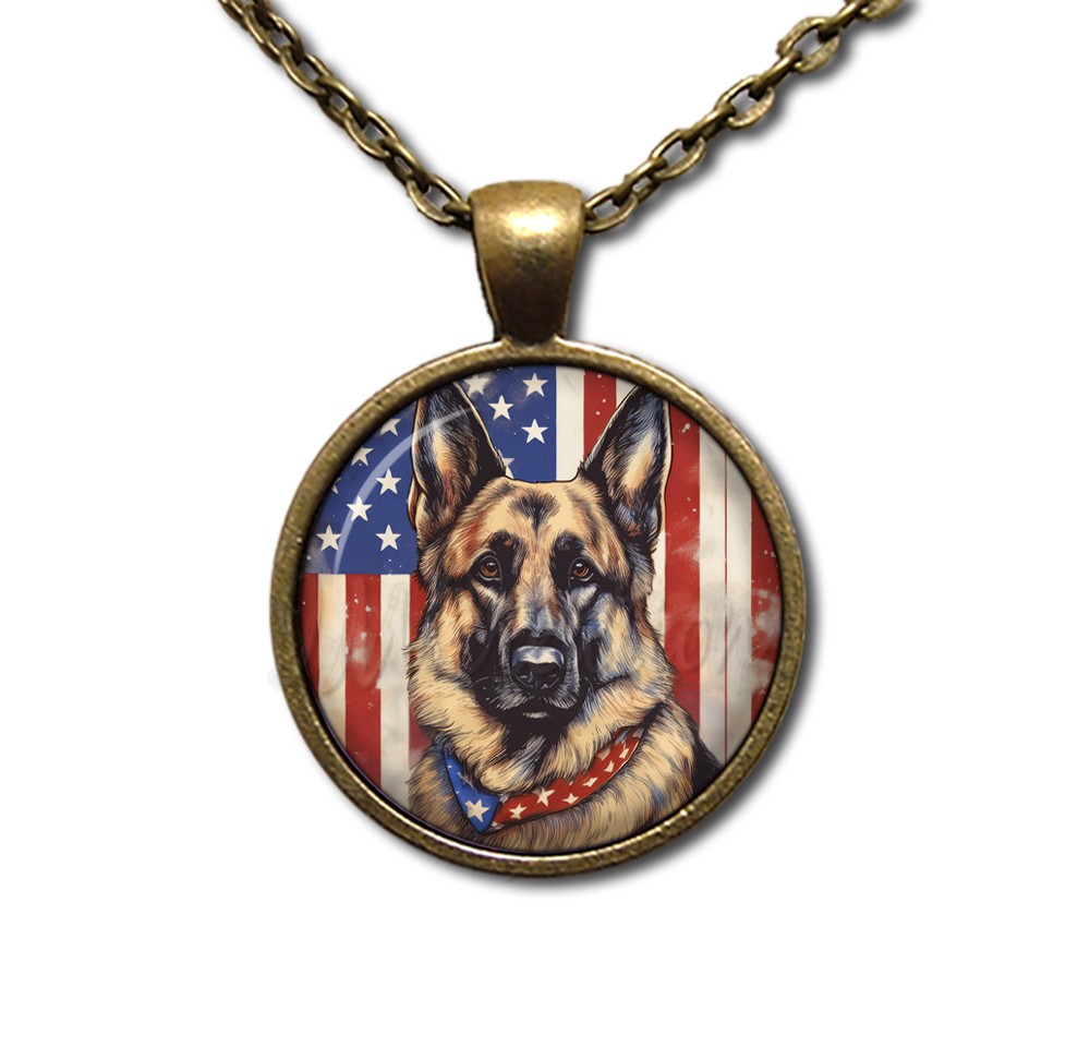 Patriotic German Shepherd American Flag – Handmade ROUND Glass Pendant Necklace