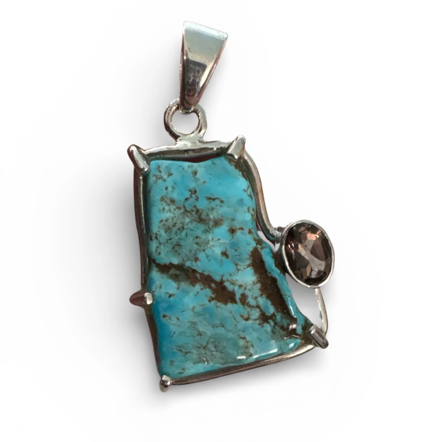 Kingman Turquoise & Smoky Topaz Solid 925 Sterling Silver Pendant