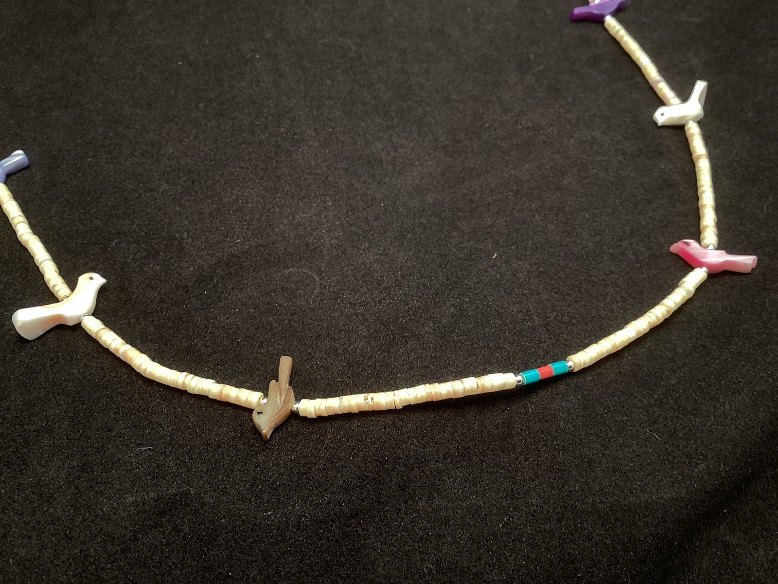 Handmade Fetish Mother Of Pearl Birds Heishi Beaded Southwestern Necklace 24”