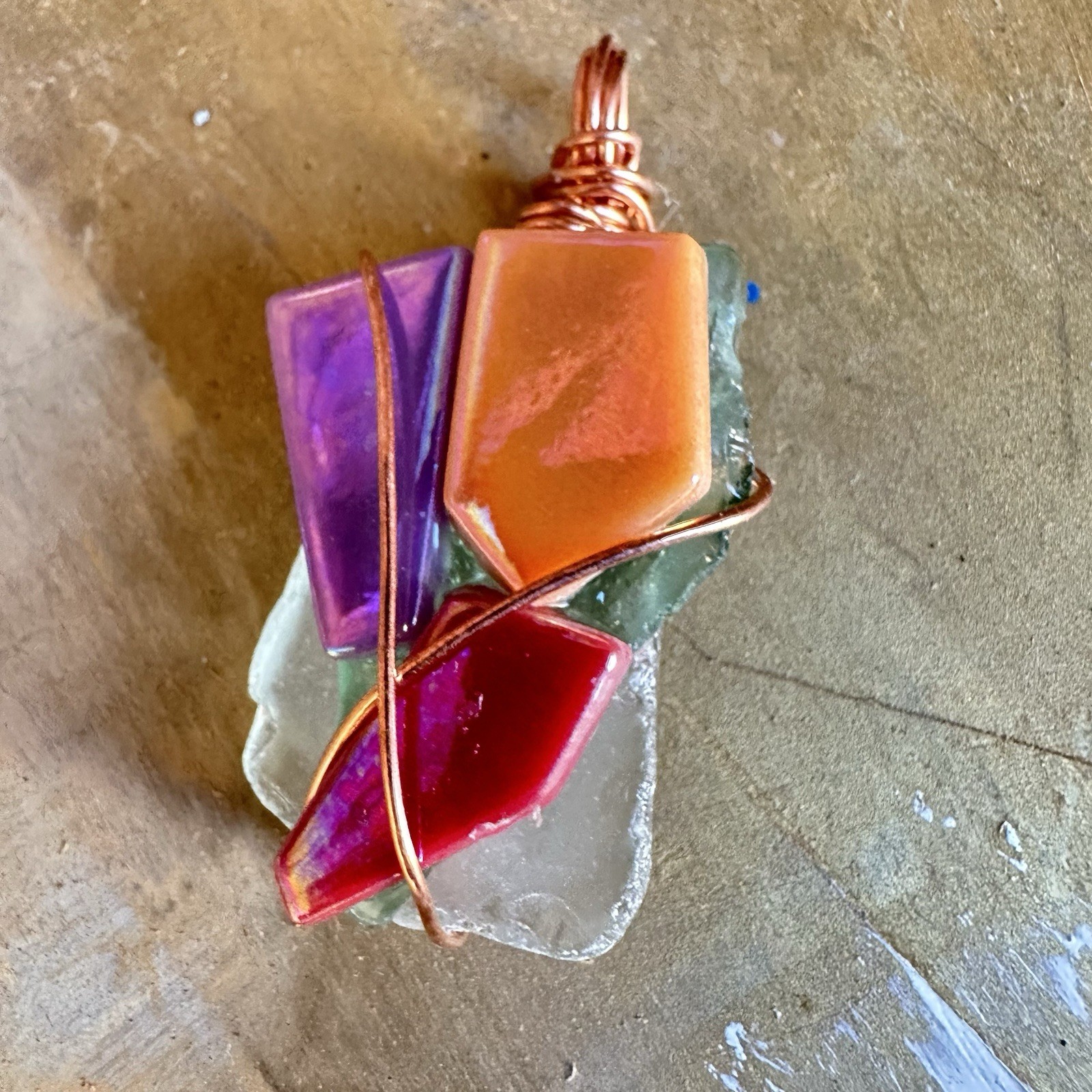 Pendant, Glass Tiles Rocks artisan Wire-Wrapped Necklace Handmade brutalist 1915
