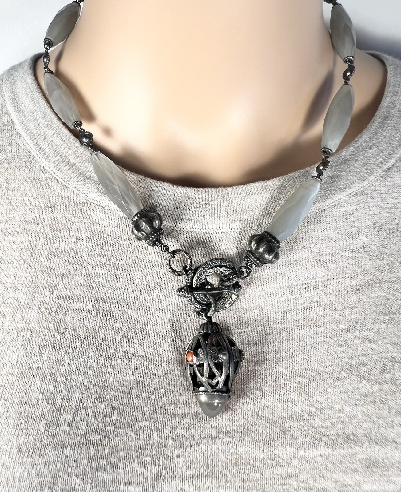 Artisan Vintage Estruscan Pendant Beaded Quartz Necklace Statement Jewelry OOAK