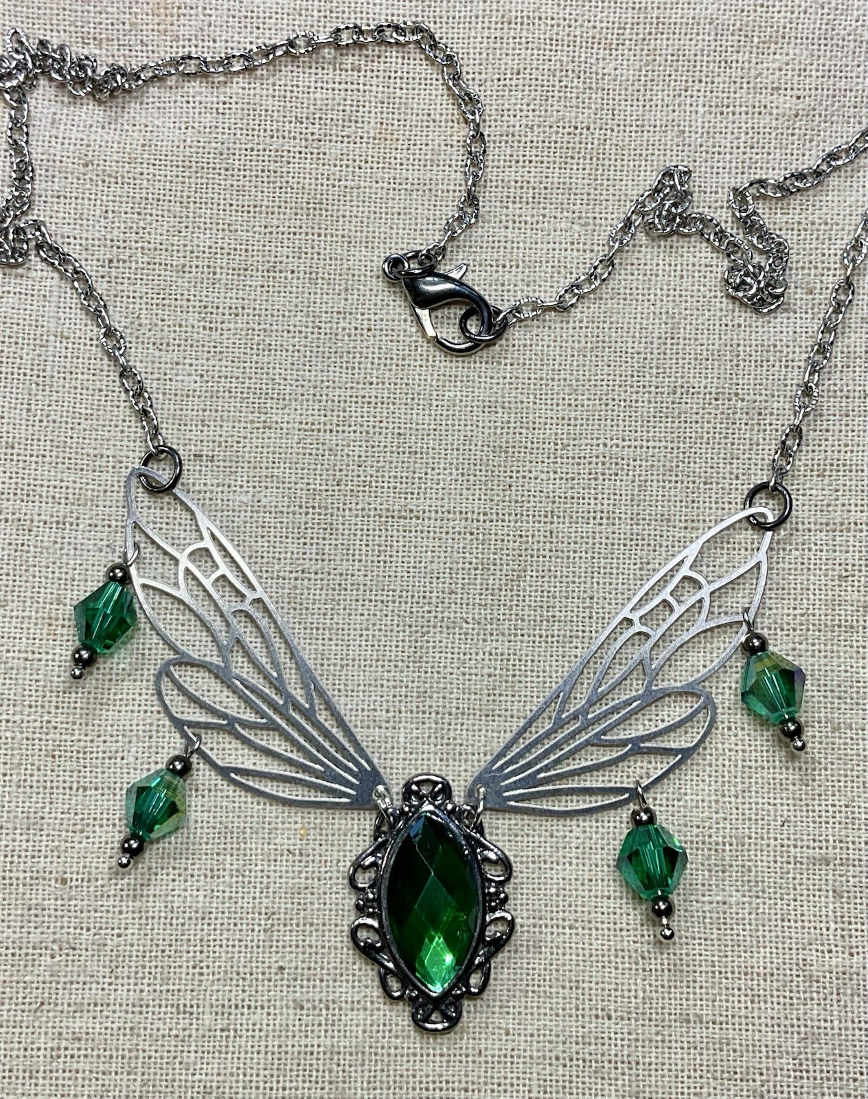 Fairy Wing Necklace- Silver Wings, Green Beads, 20” Circumference, Fantasy Theme