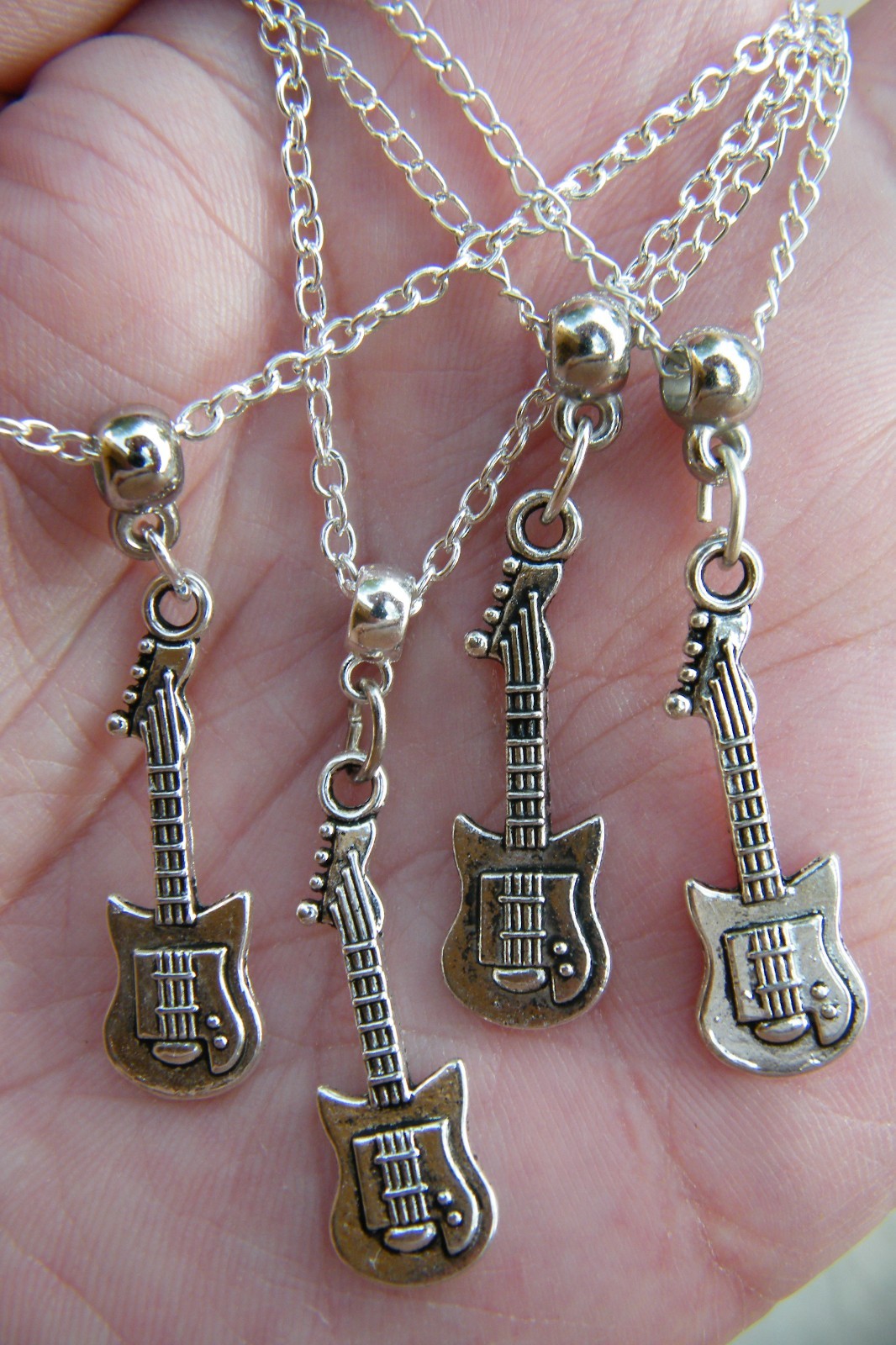 Lot of 4 GUITAR Necklaces ROCK and ROLL Silver BASS Charms 19″-20″ Silver Chains