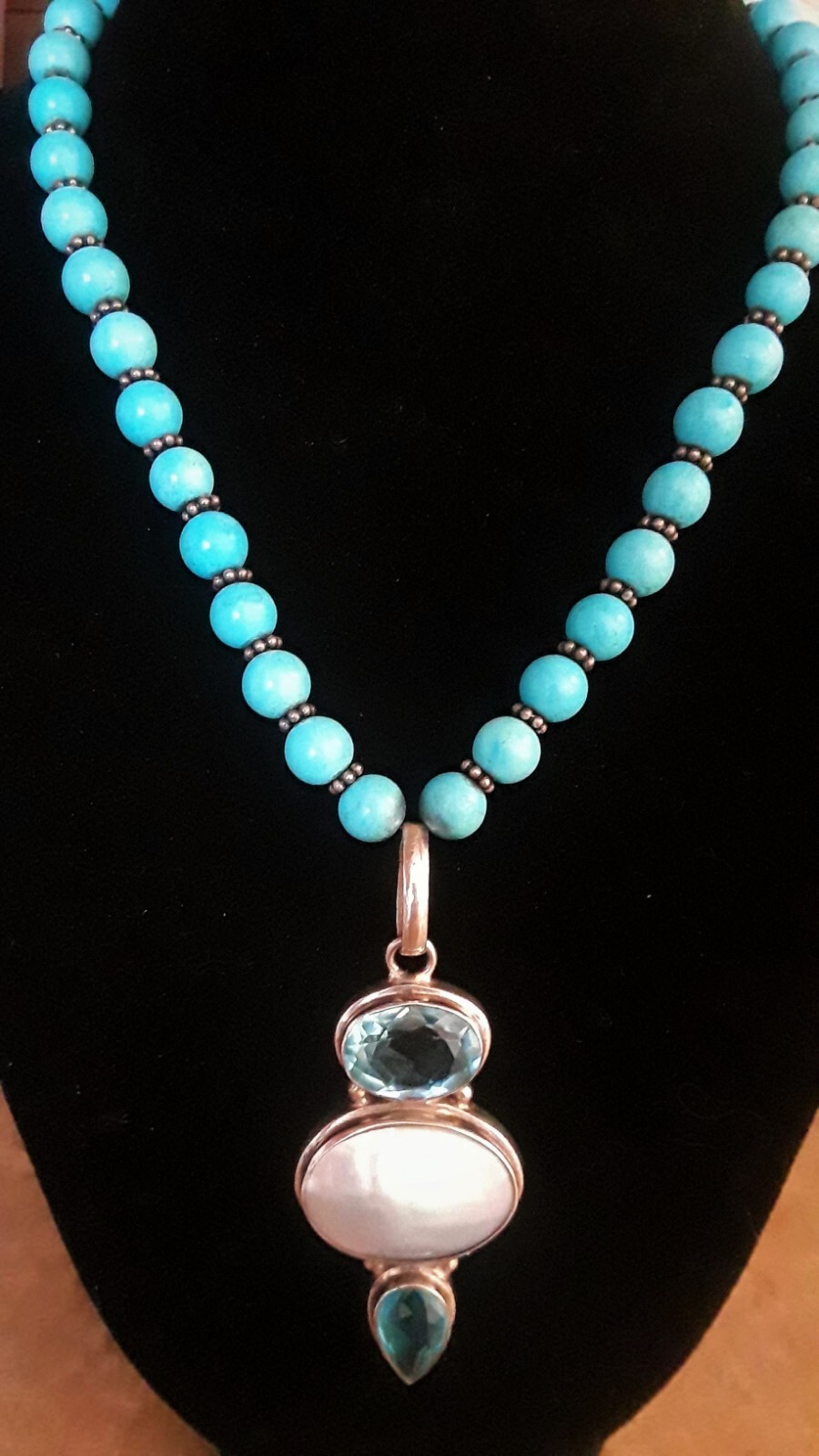 Sterling Silver Aqua Stone Beads Necklace with Blue Topaz and Shell Pendant – 16