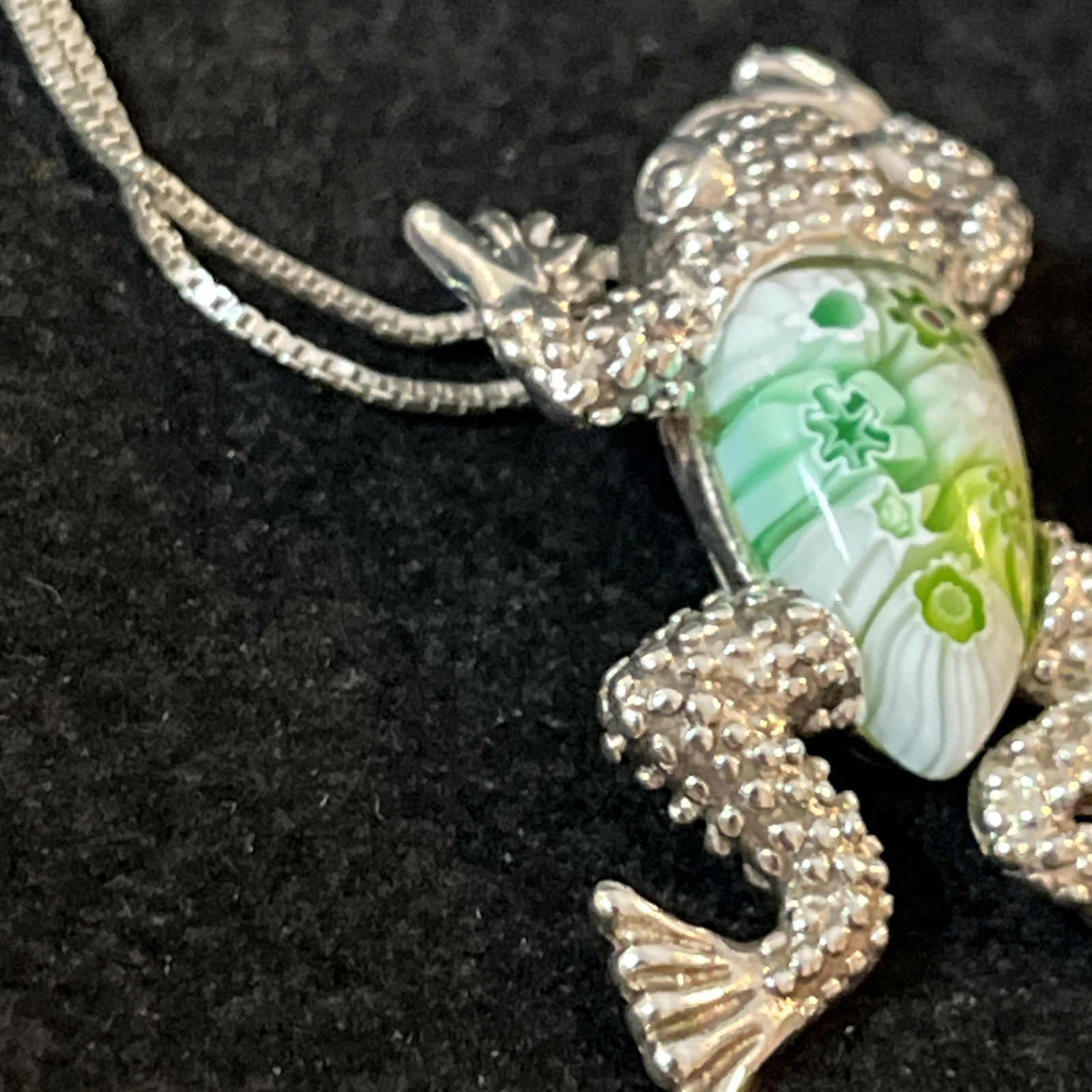 Vintage Sterling Silver Millefiori Green Hand Blown Art Glass Frog Pendant 925