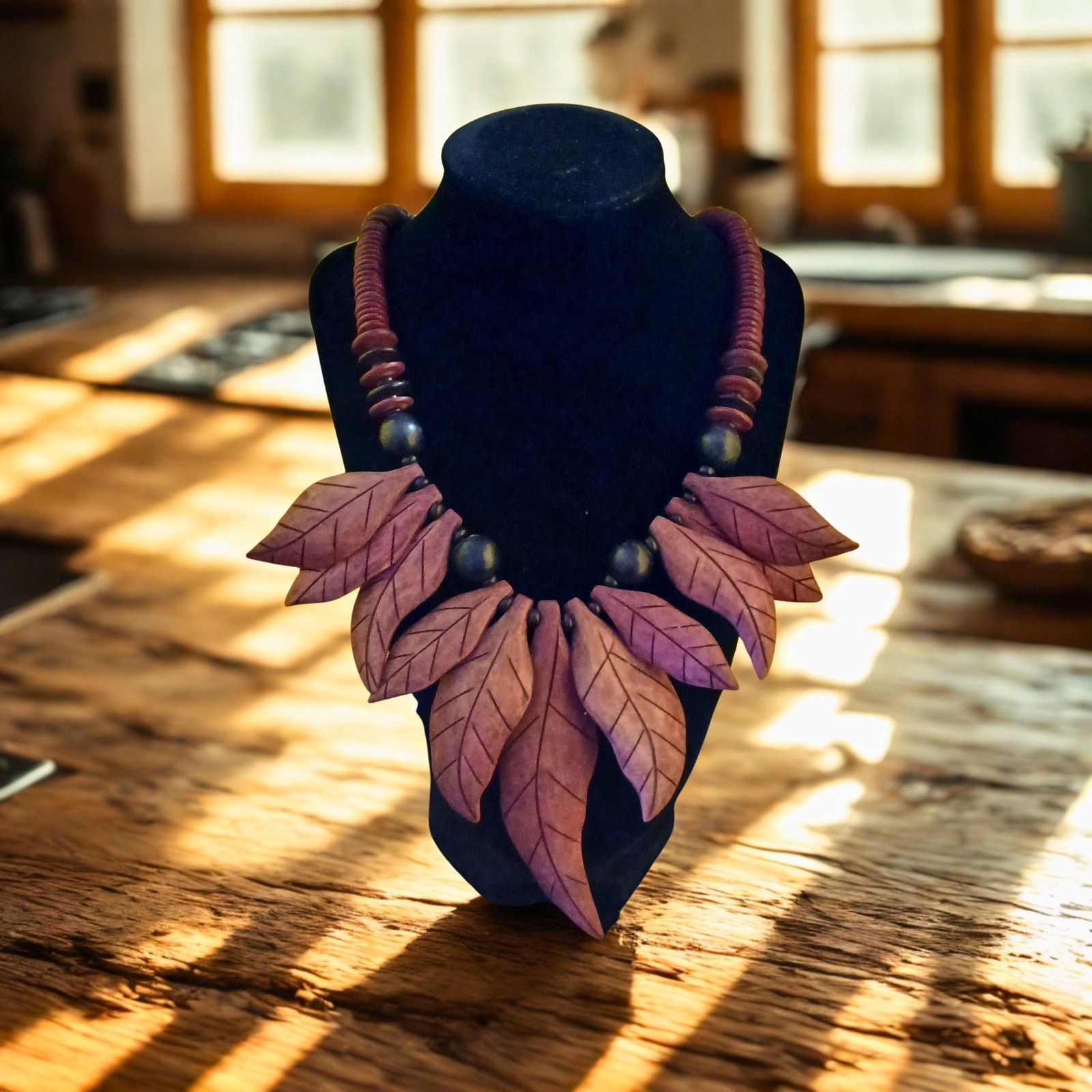 Hand-Carved Wooden Leaf Necklace: Beaded Boho Statement Jewelry
