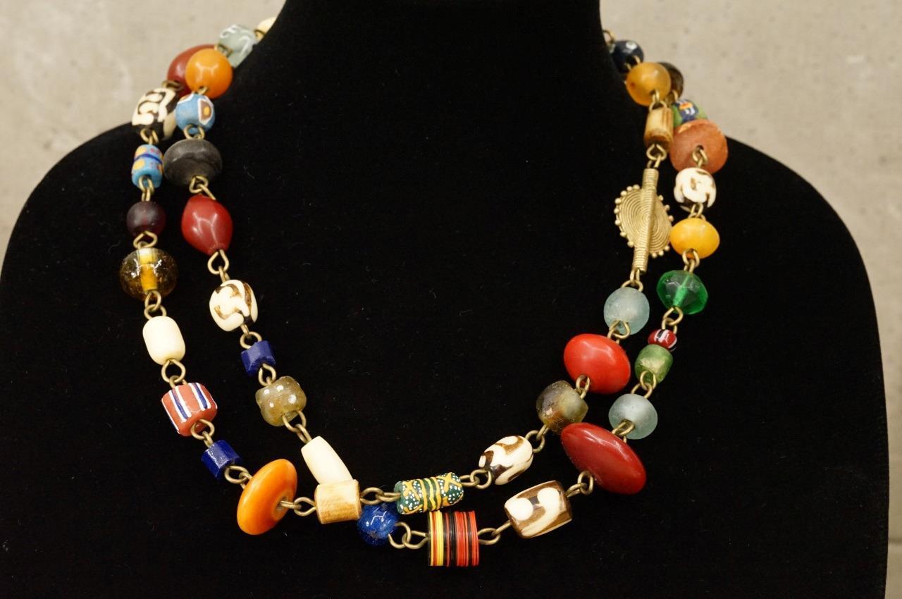 Vintage Jewelry Ethnic Tibet Beaded Necklace Copal Glass Wood & Stone Beads 44″