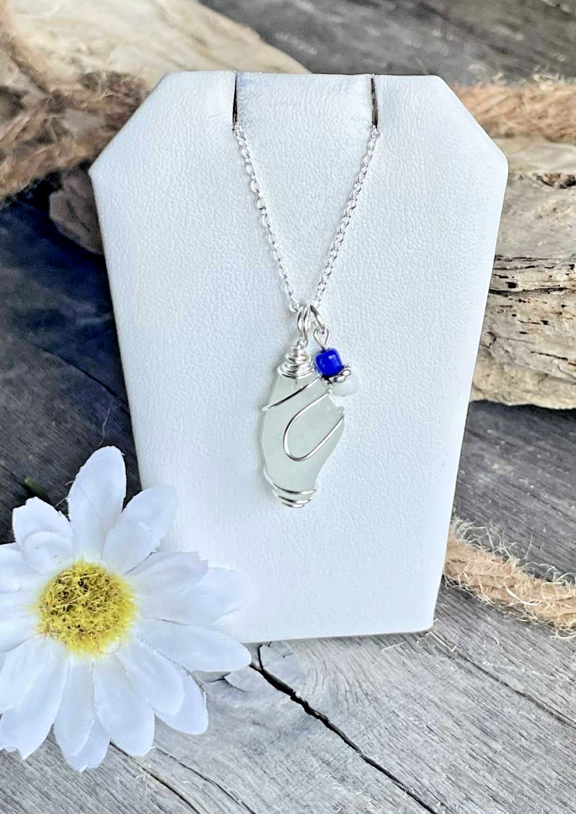 CLEAR FROST Sea Glass Wire Wrapped Pendant Necklace 18″ Silver Jewelry Gift Her
