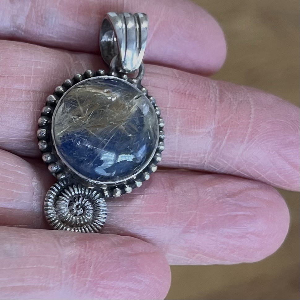 Sterling Silver 925 Rutilated Quartz / Lapis Lazuli Pendant Artisan Modern