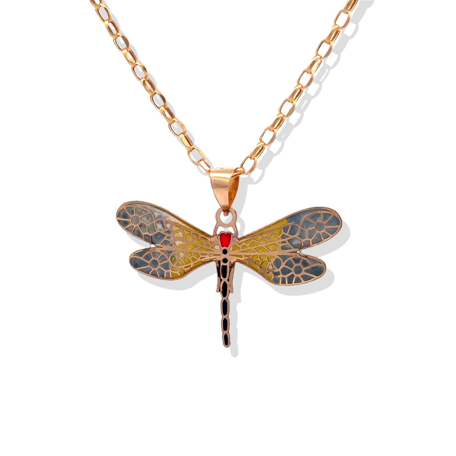 Solid 14K Gold Dragonfly Pendant Animal, Insect Necklace Hand-Painted Yellow ITA