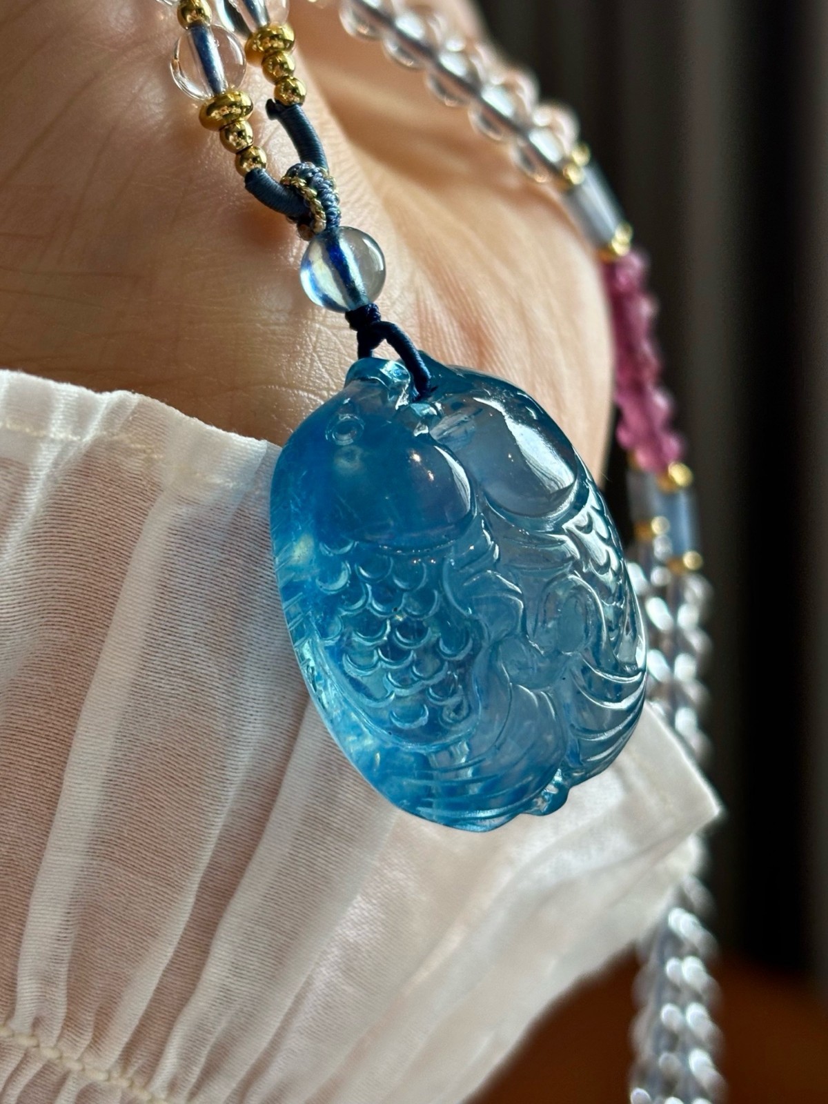 Aquamarine Hand Carved Double Fish Pendant CC