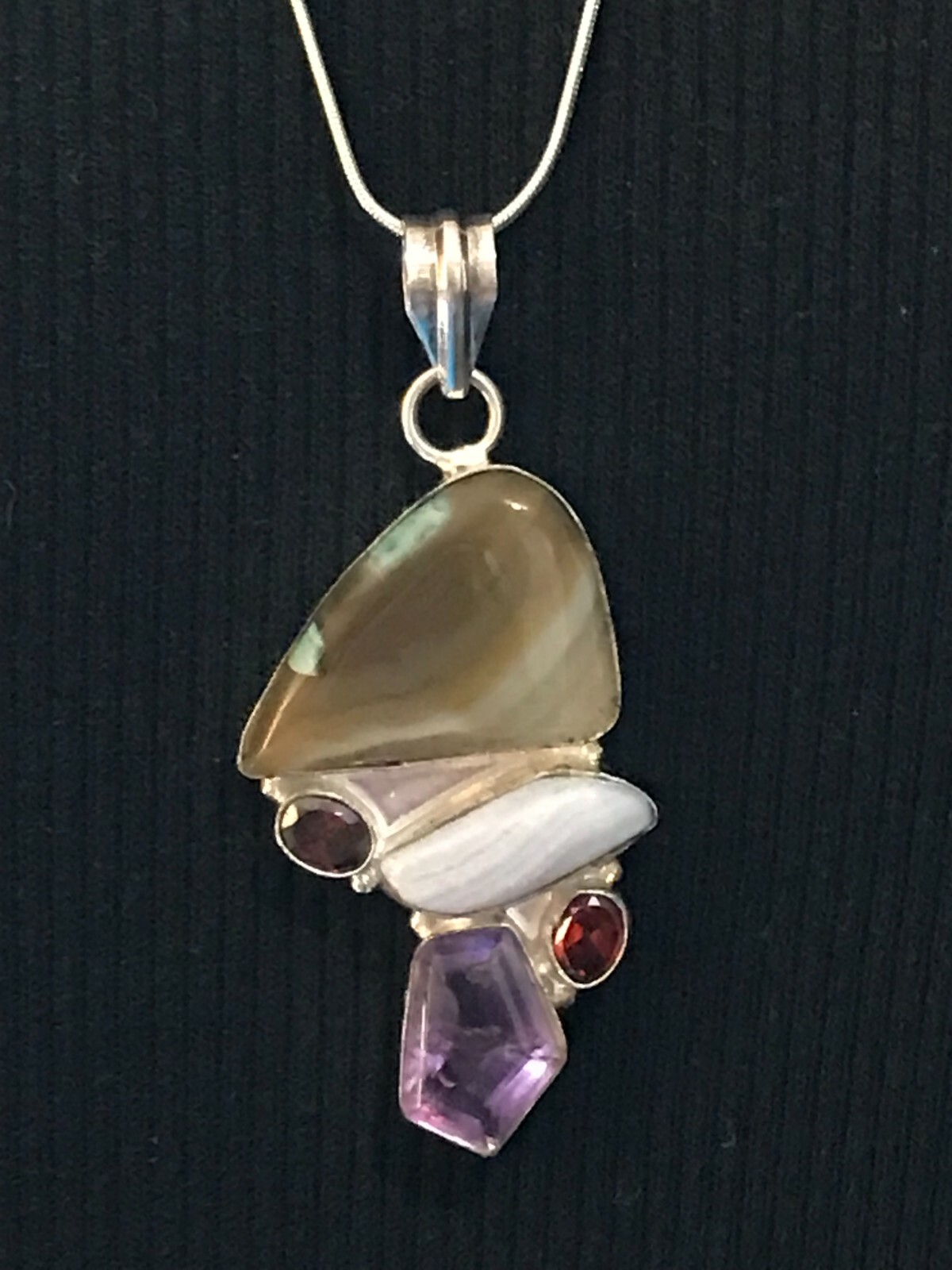 Amethyst Garnet White Agate Gemstones Modern Sterling Silver Pendant Necklace
