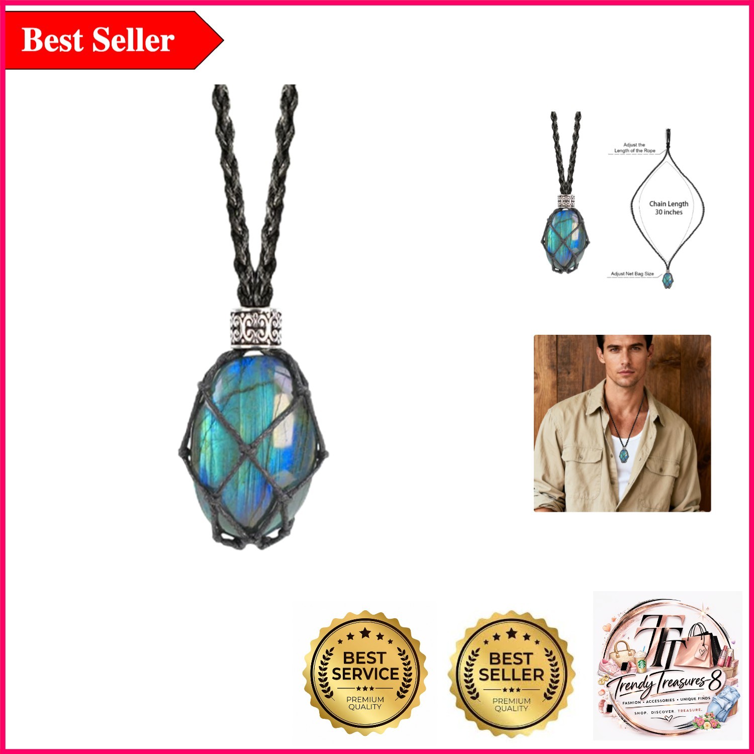 Handwoven Labradorite Healing Crystal Necklace – Adjustable, Unisex, Natural …