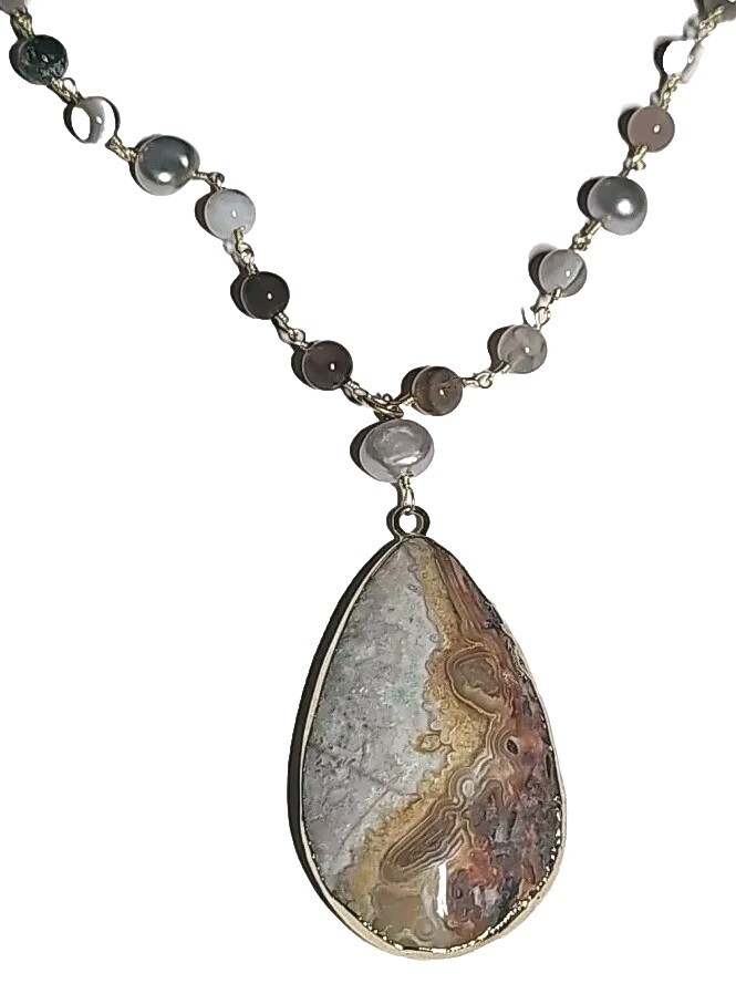 Agate Jasper Pendant 2″ Gold Tone Over Sterling Silver Necklace Pearl & Crystal