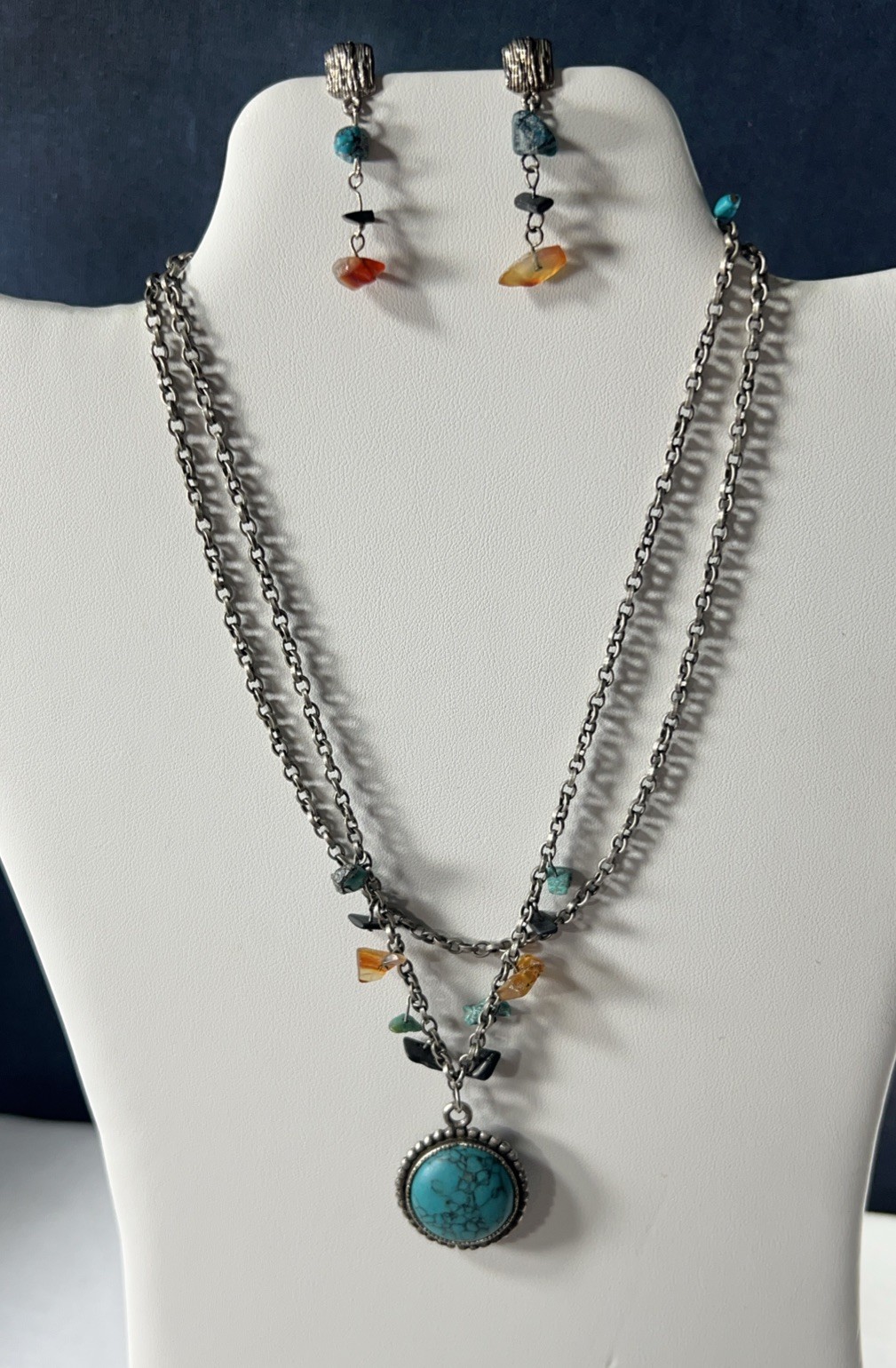 2 Sided Pendant Onyx & Turquoise w Other Natural Stones Necklace & Earring Set