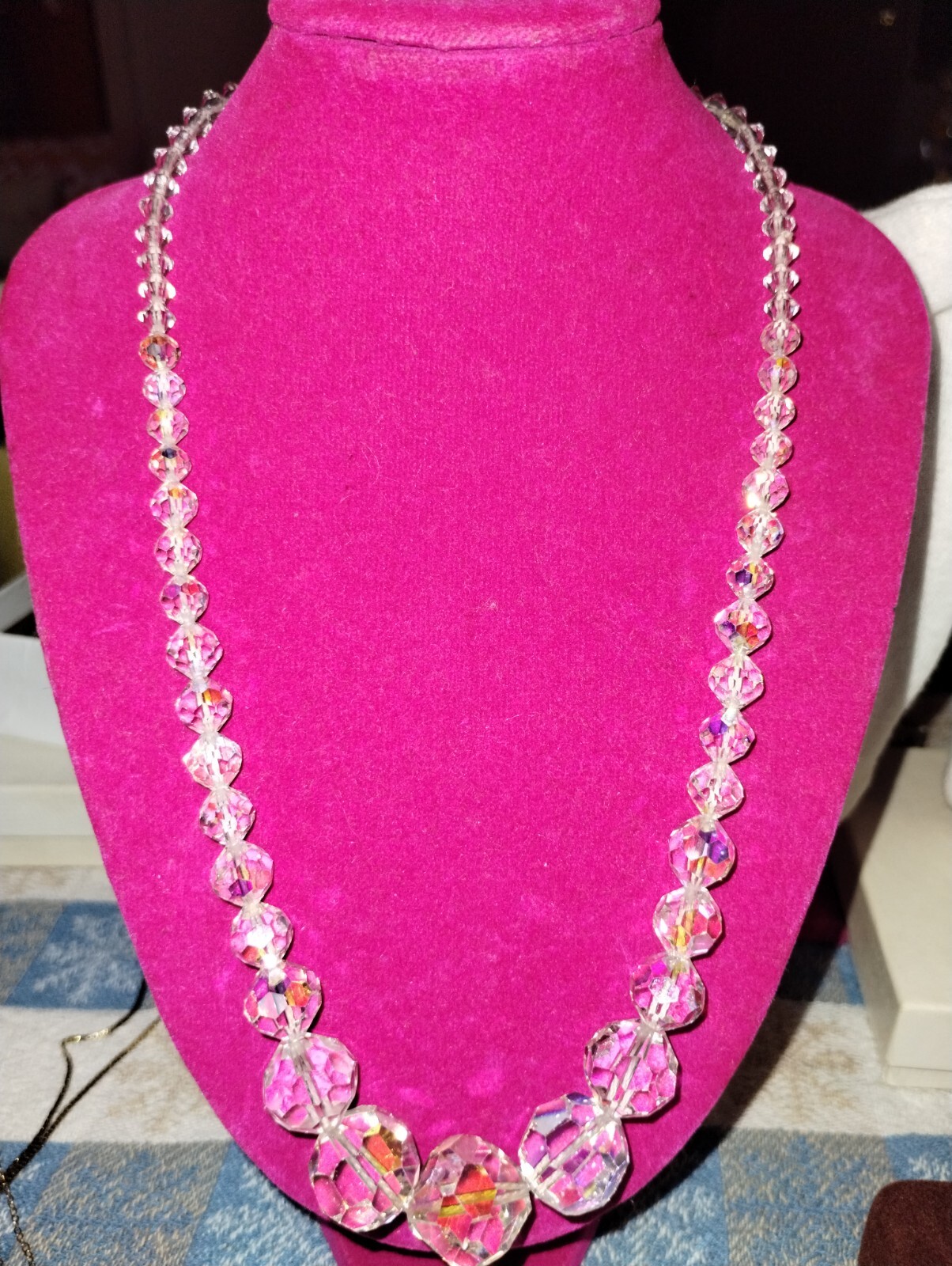 VTG Circa 1950’s 18.5″ Austrian Crystal AB Coated W/Sterling Silver Clasp :)