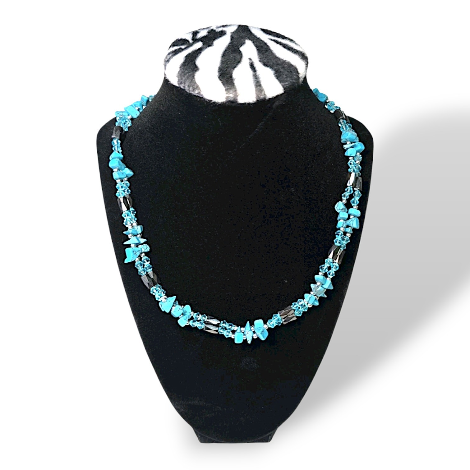 Handmade Turquoise Hematite Crystal Beaded Necklace 18in Artisan Boho