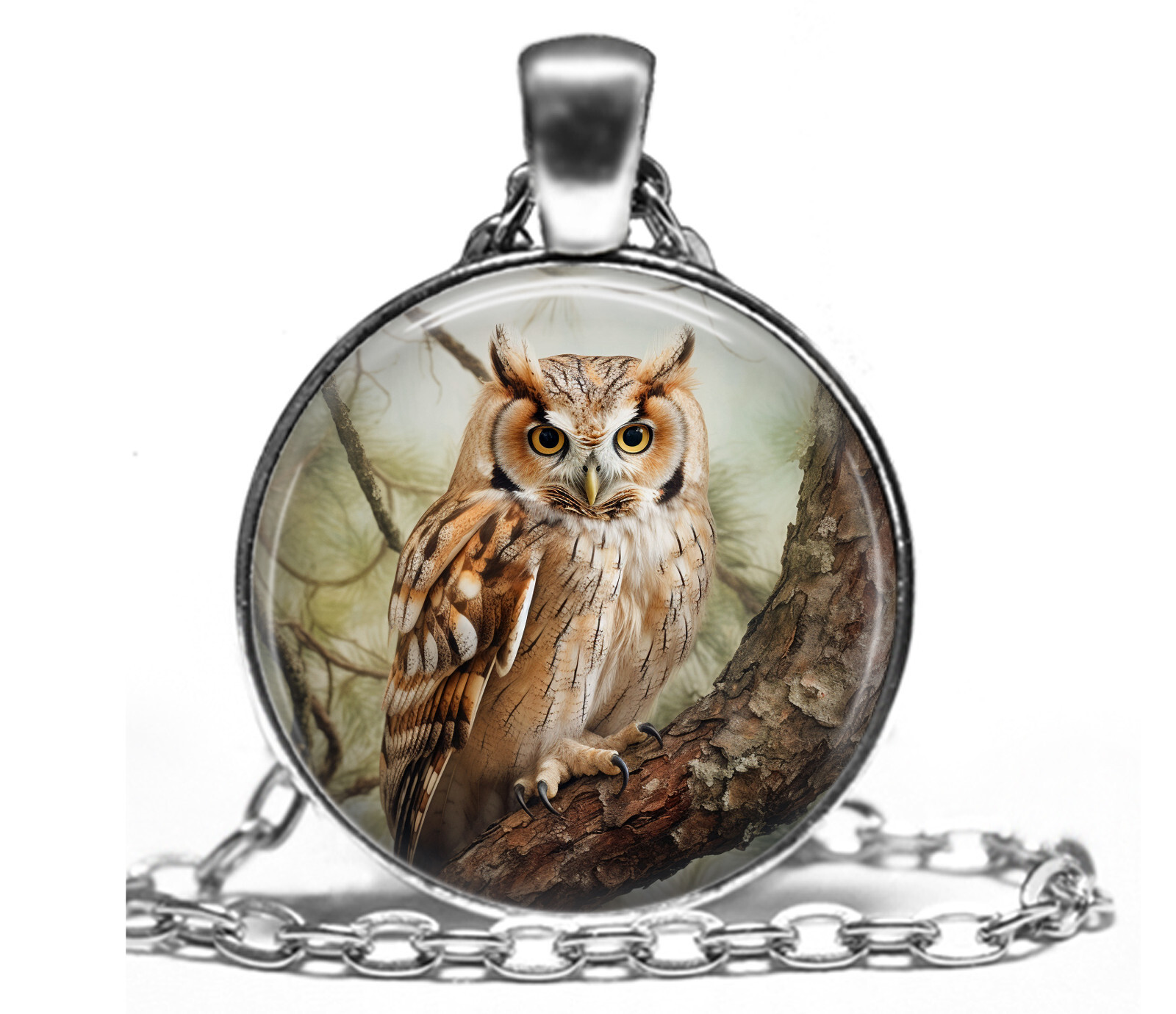 Owl in Tree Handcrafted Glass Top Pendant Necklace 24″ Chain Owl Lover Gift