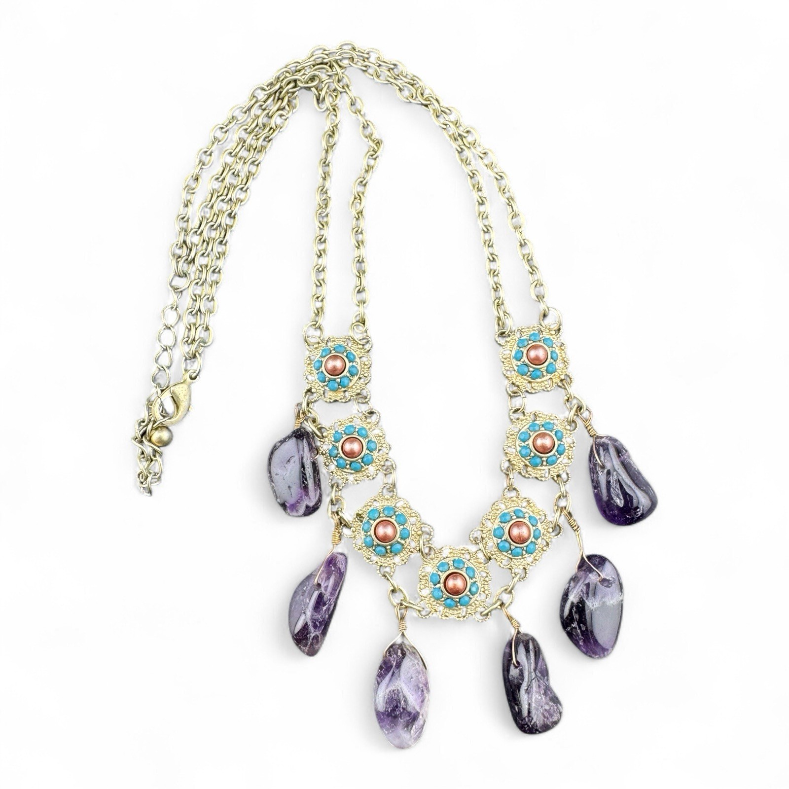 Artisan Gold Tone And Turquoise & Rough Cut Amethyst Stone Dangle Drop Necklace
