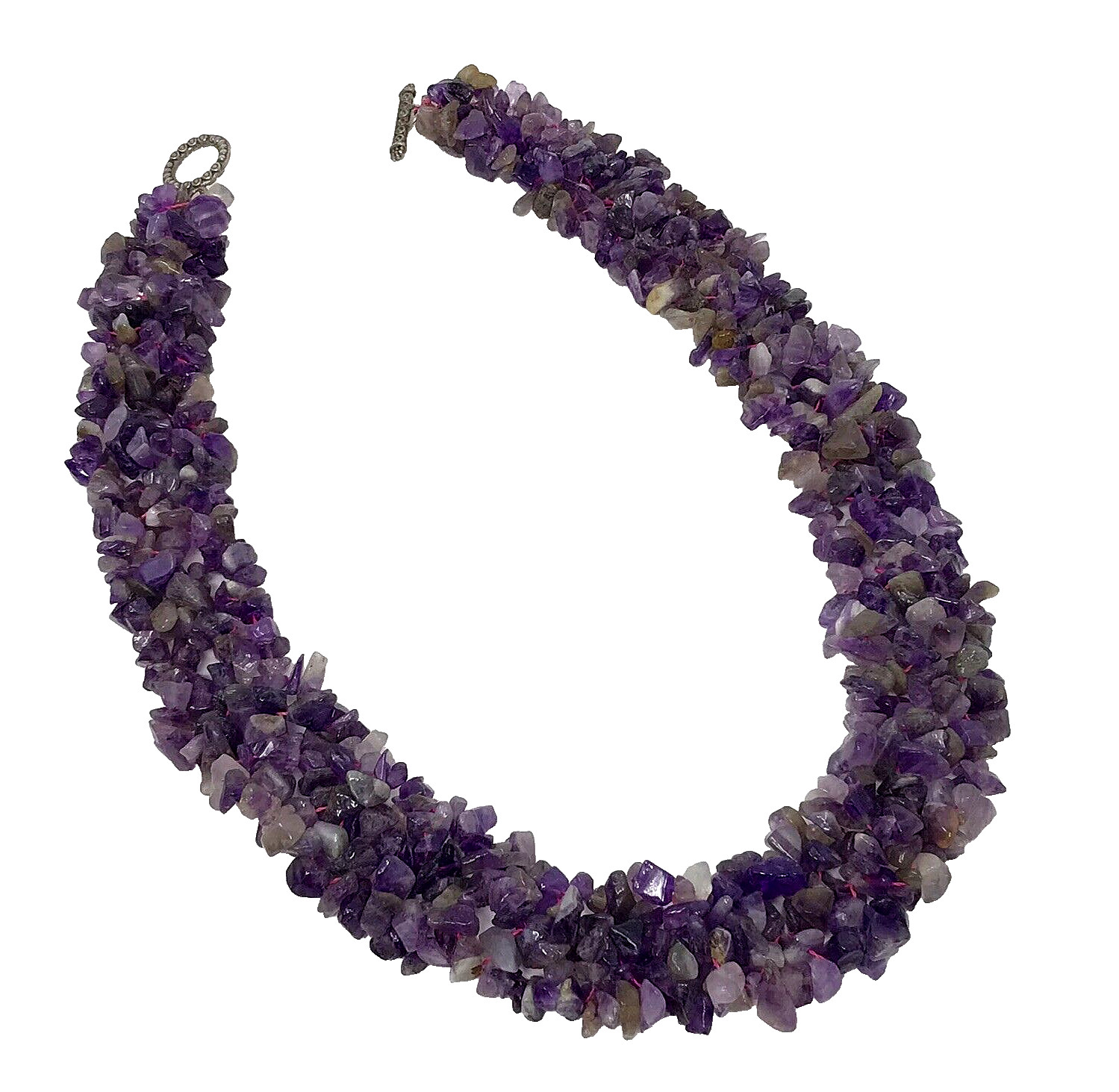 Beaded Chunky Purple Amethyst Stone Collar Necklace Silver Tone Toggle Clasp 18″