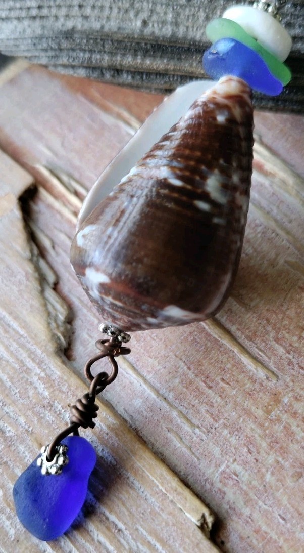 Sea Glass and Cone Shell Necklace Gift Men Women Handmade Big Bold Hawaiian