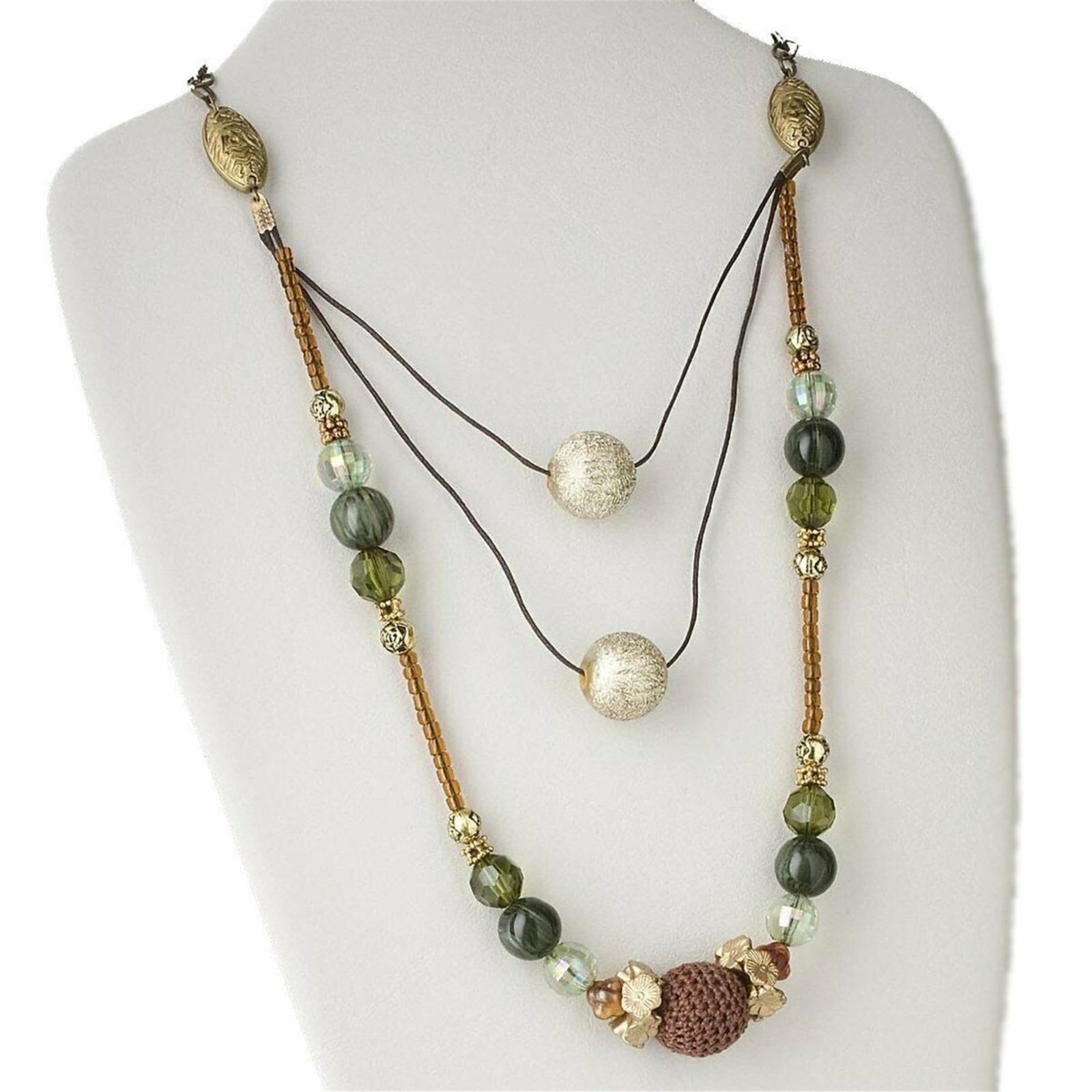 Handcrafted Triple Strand Mixed Media Textured Baubles Necklace
