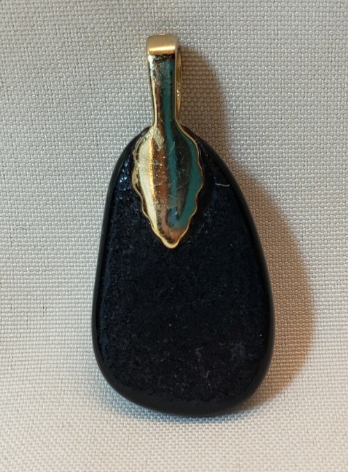 Fused Dichroic Glass Pendant, Green & Black with Blue Hints, Glass, Gold Bale