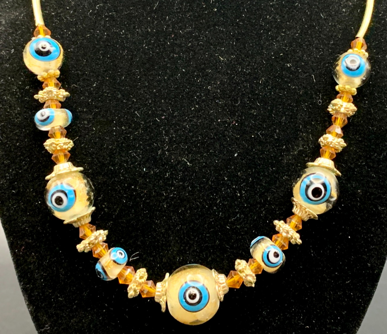 Artisan Blue Evil Eye Gold Metallic Glass Beads Necklace Gold Tone Vintage