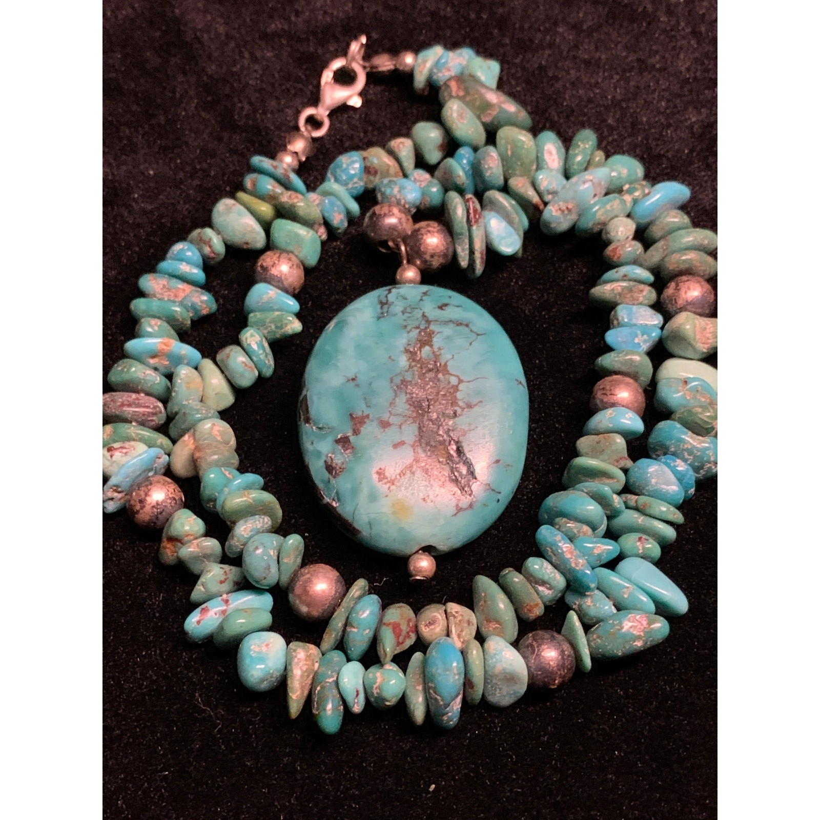 Sterling Silver 925 Turquoise Nugget Chip Necklace with Large Oval Pendant 16″