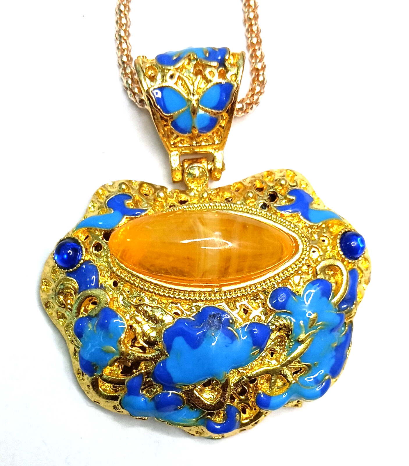 Handmade Cloisonne AGATE Gemstone Silver Zircon Jewels BUTTERFLY Pendnt Necklace
