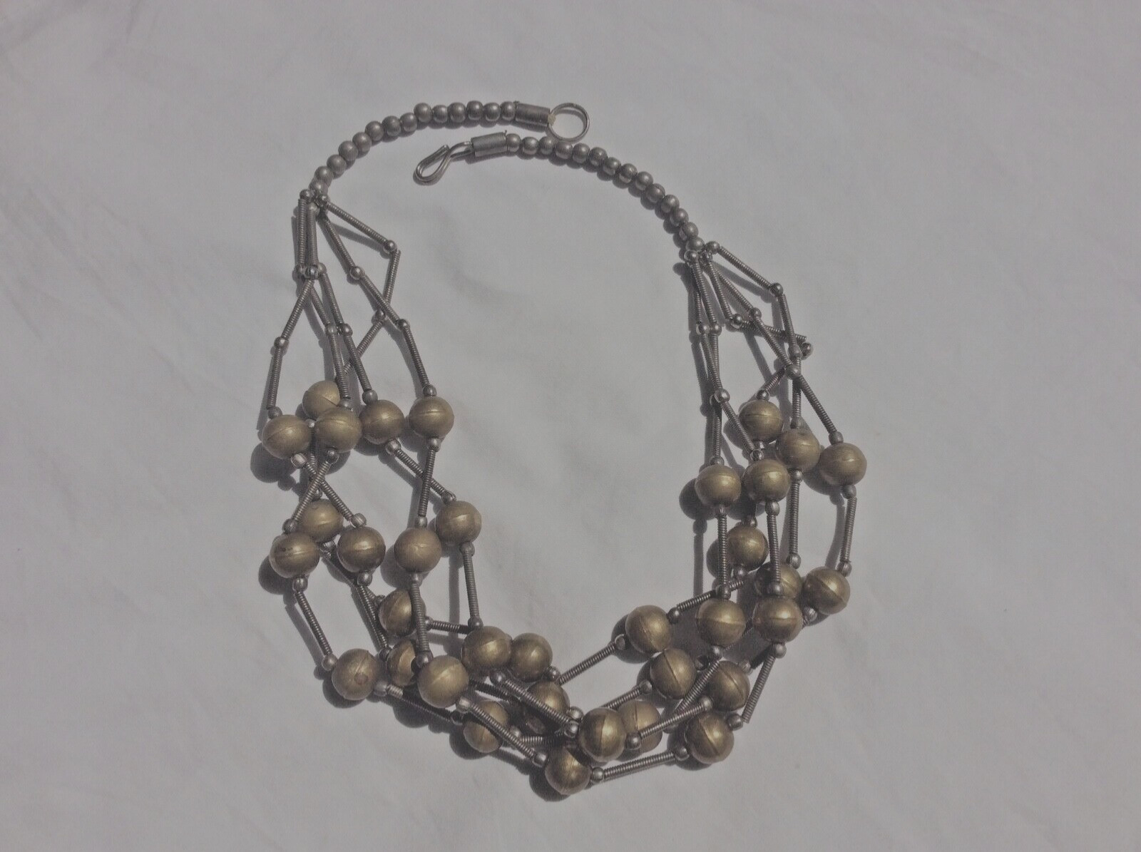 Vintage Pot Metal Trench Art beaded two tone coil bar multilayer necklace