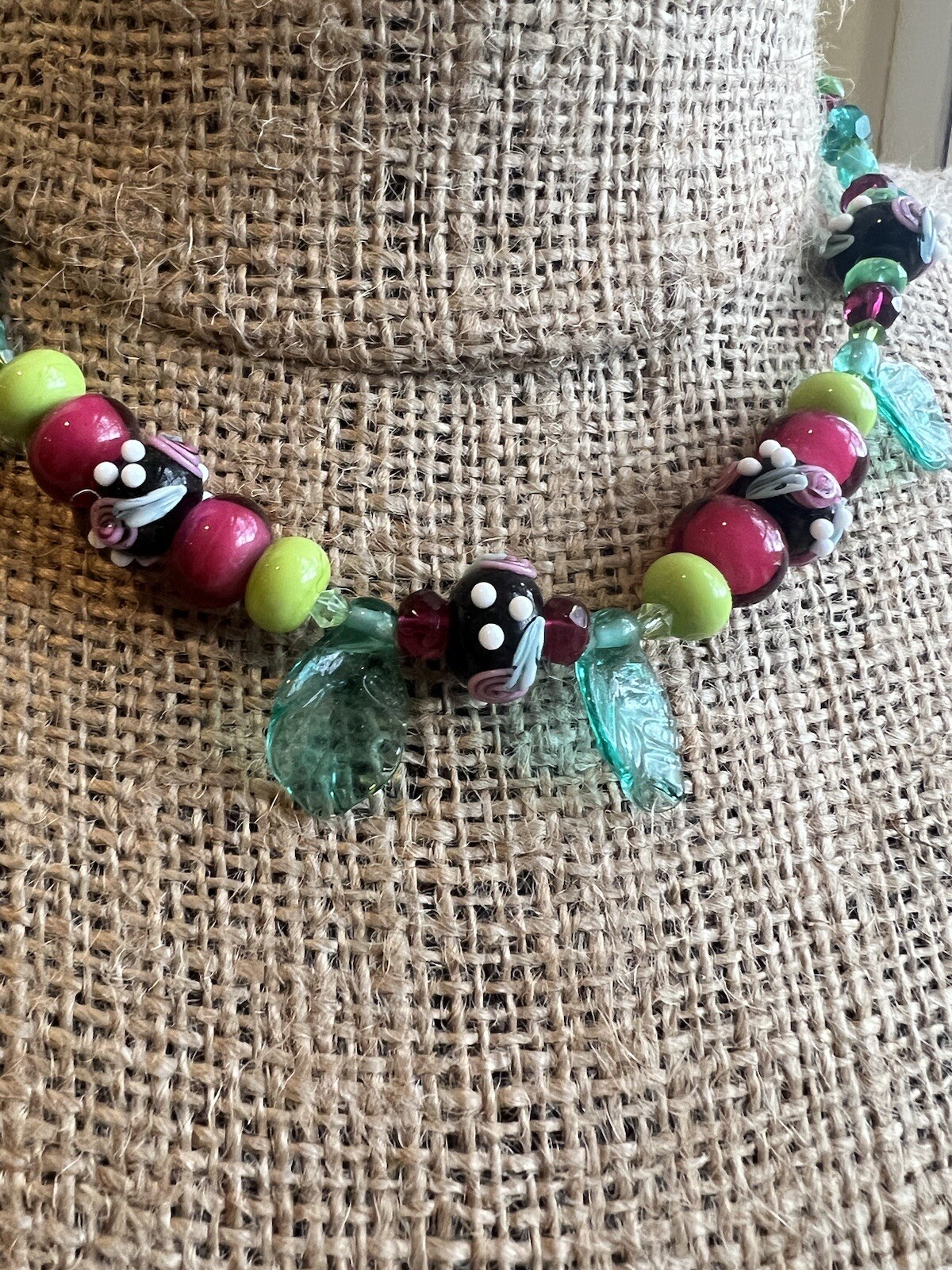 Lovely ArtisanMade Lampwork Necklace 70 Matched black, fuschia, aqua, lime green