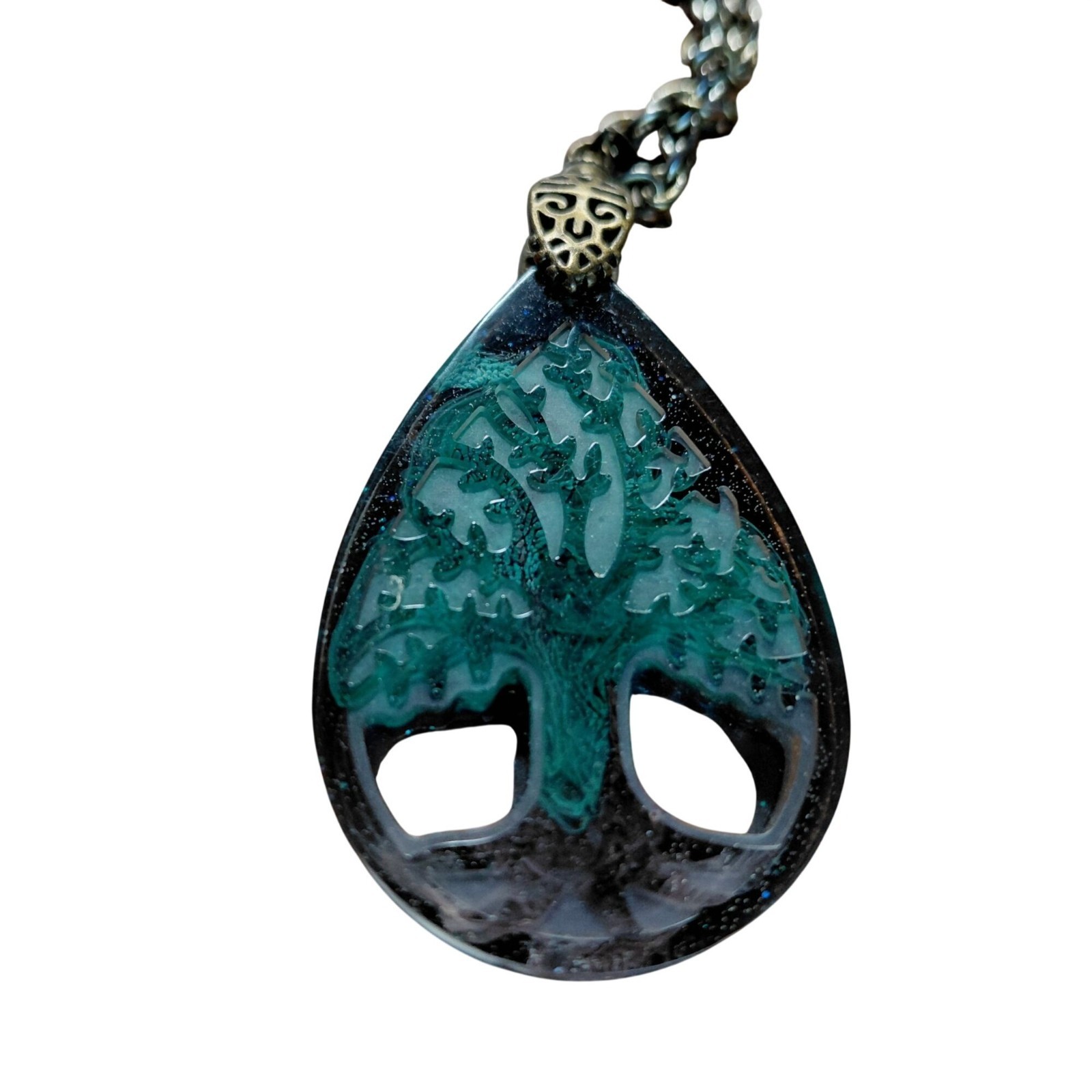Tree of life resin pendant on chain fancy bale bronze tone
