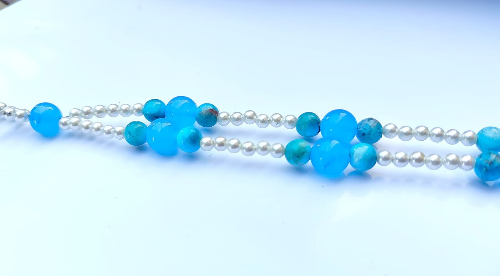Pearls & Sky Blue Topaz Gemstone 21 inch Fancy Necklace with Earrings. Nk-007