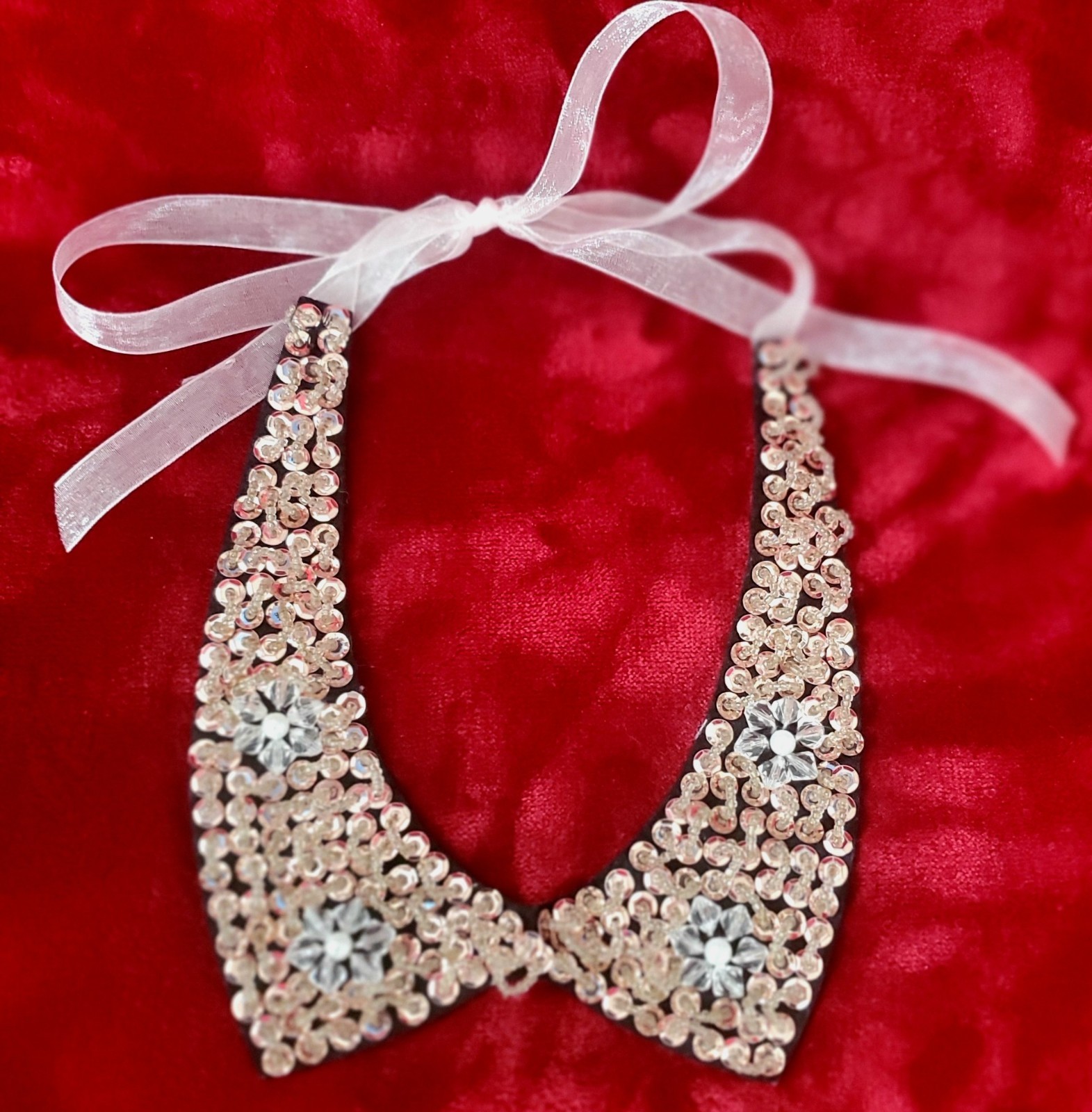 Handmade Beaded Collar Necklace with Ribbon Tie Hand Sewn Beads with Sequins