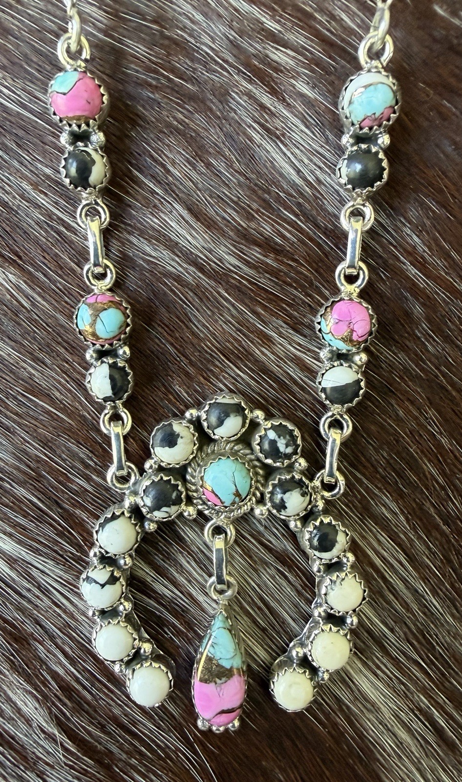 Sterling Silver Native Style SW Otteson White Buffalo Cotton Candy Naja Lariat