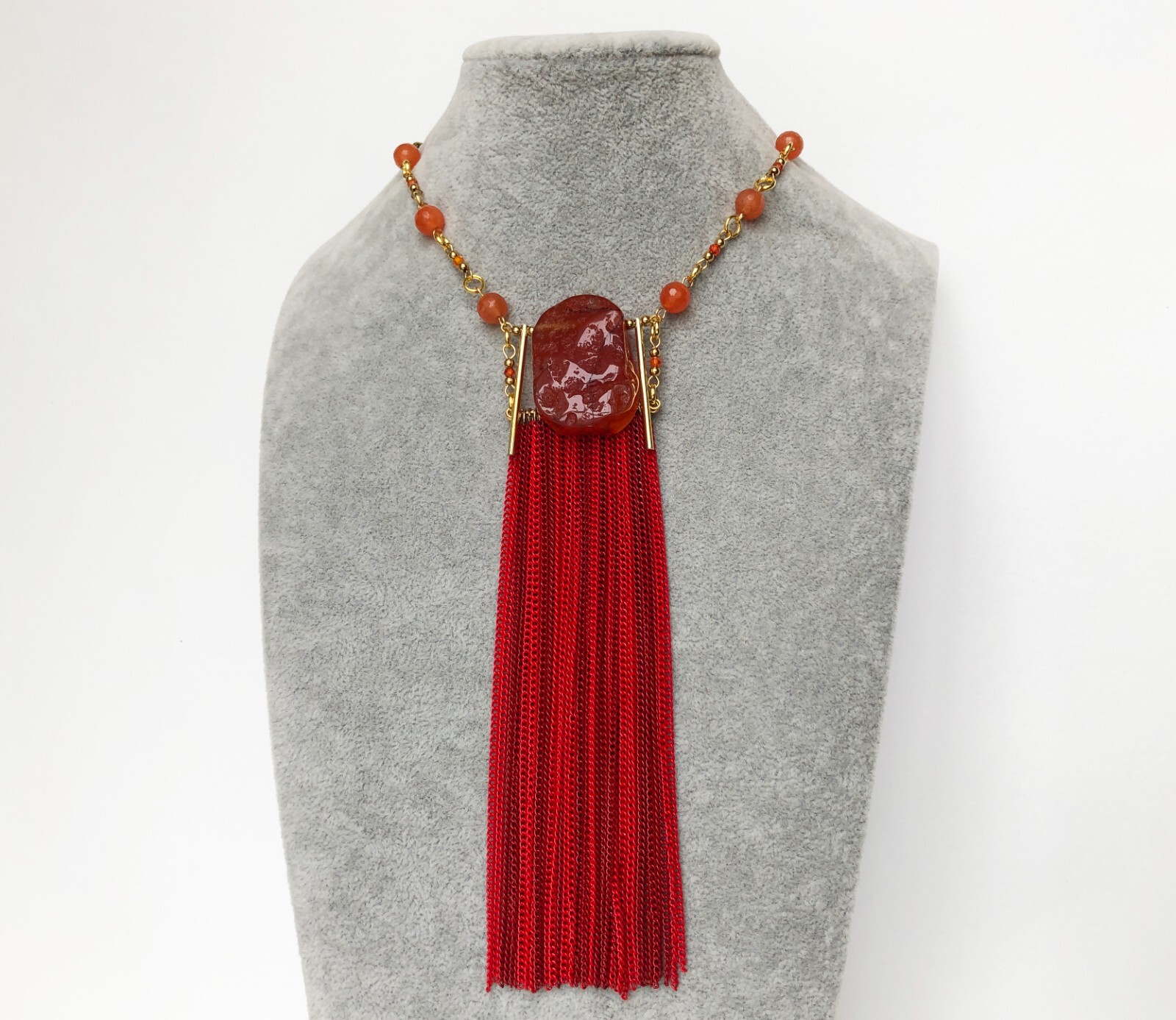 Red statement necklace long, accent colorful carnelian necklace