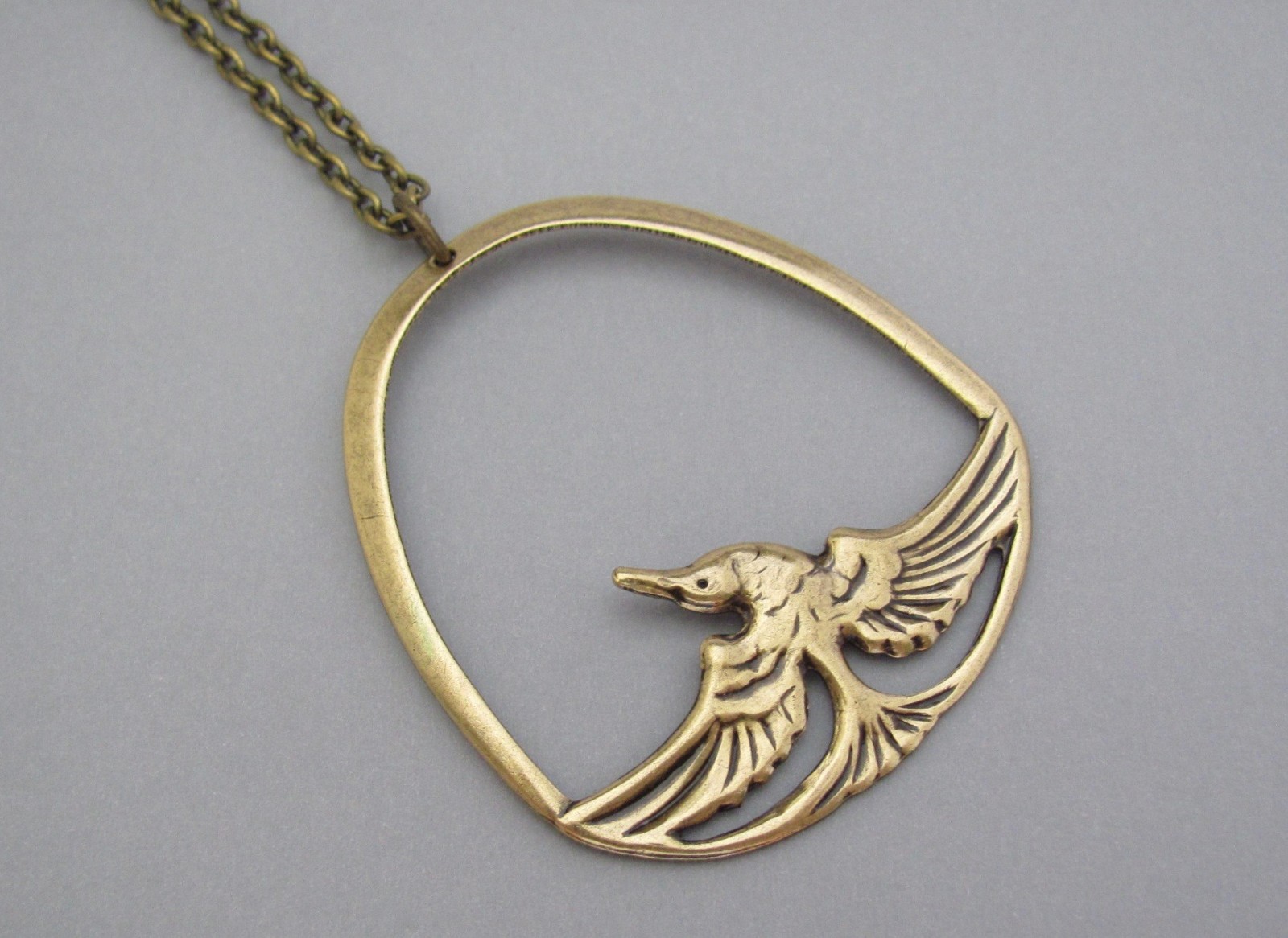 Art Deco Bird Necklace Egyptian Revival Pendant Antiqued Brass Chain Cosplay
