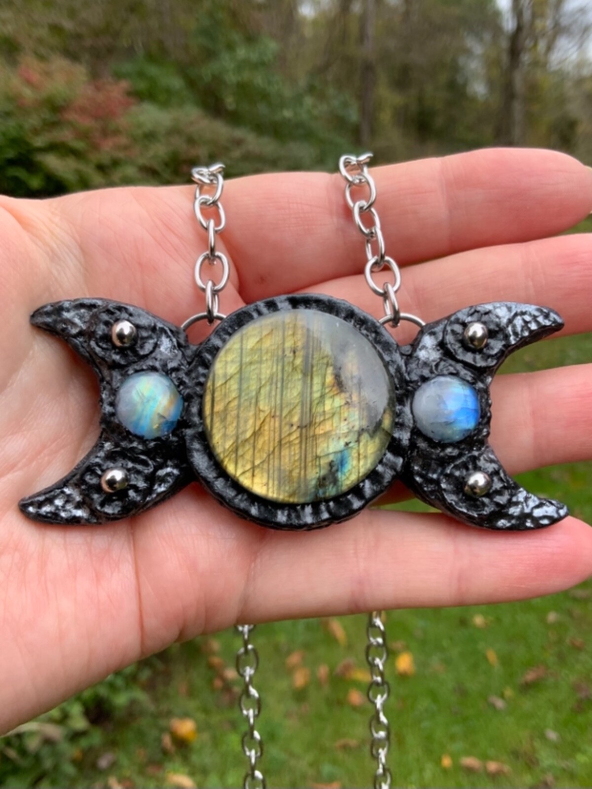 Huge Labradorite Pendant Necklace Triple Moon Artisan Handcrafted