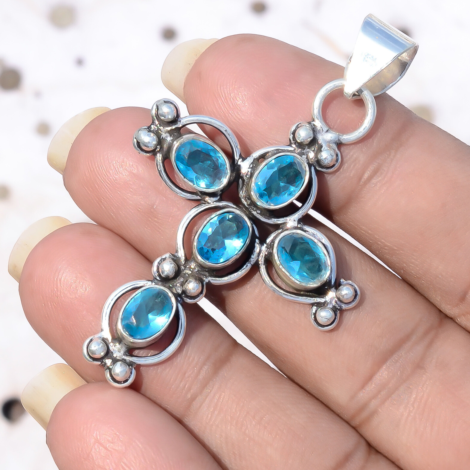 London Blue Topaz Gemstone Indian Artisan Jewelry 925 Sterling Silver Cross