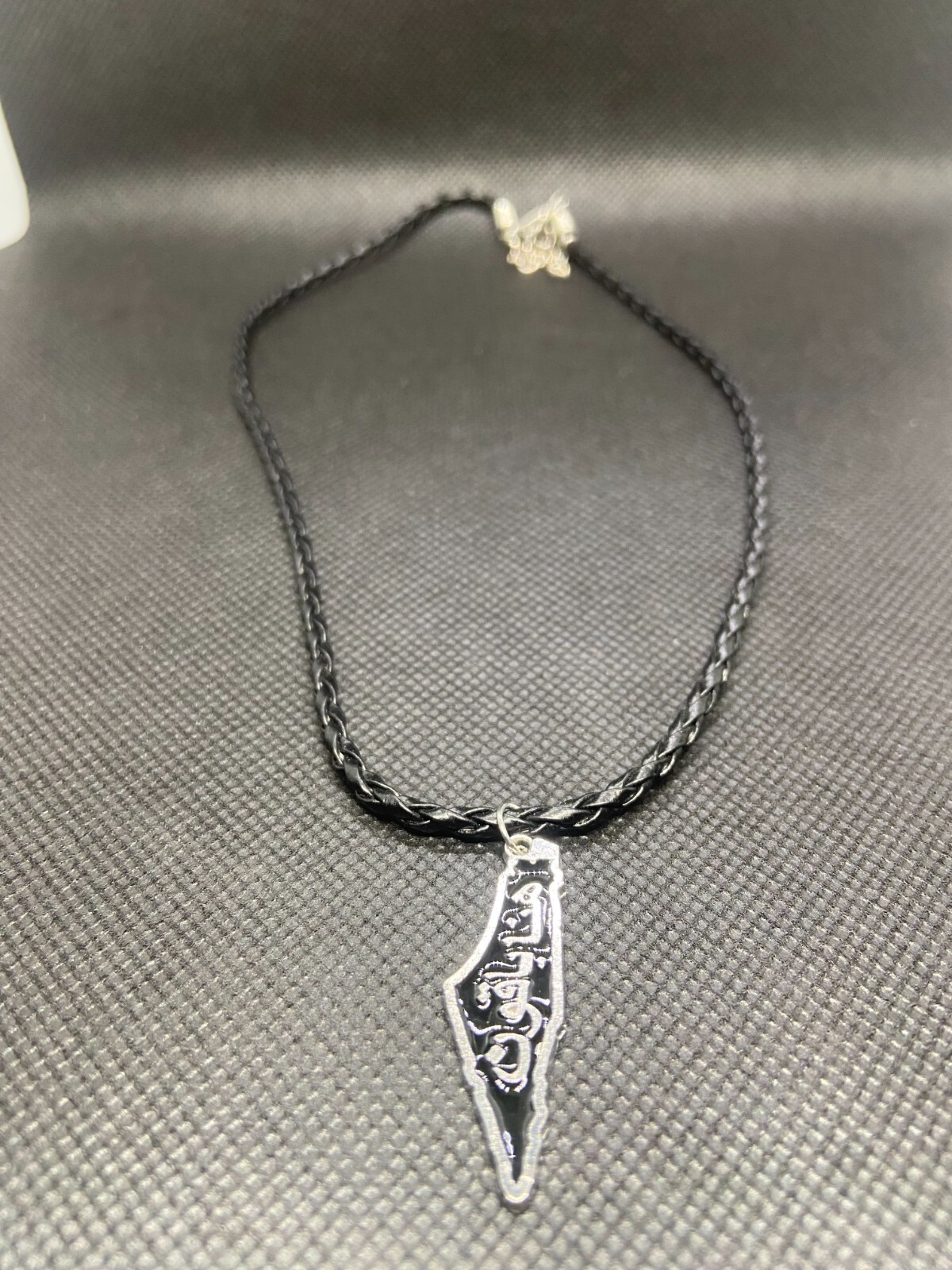 Handmade Palestine Map Necklace Arabic Calligraphy Pendant on Braided Black Cord