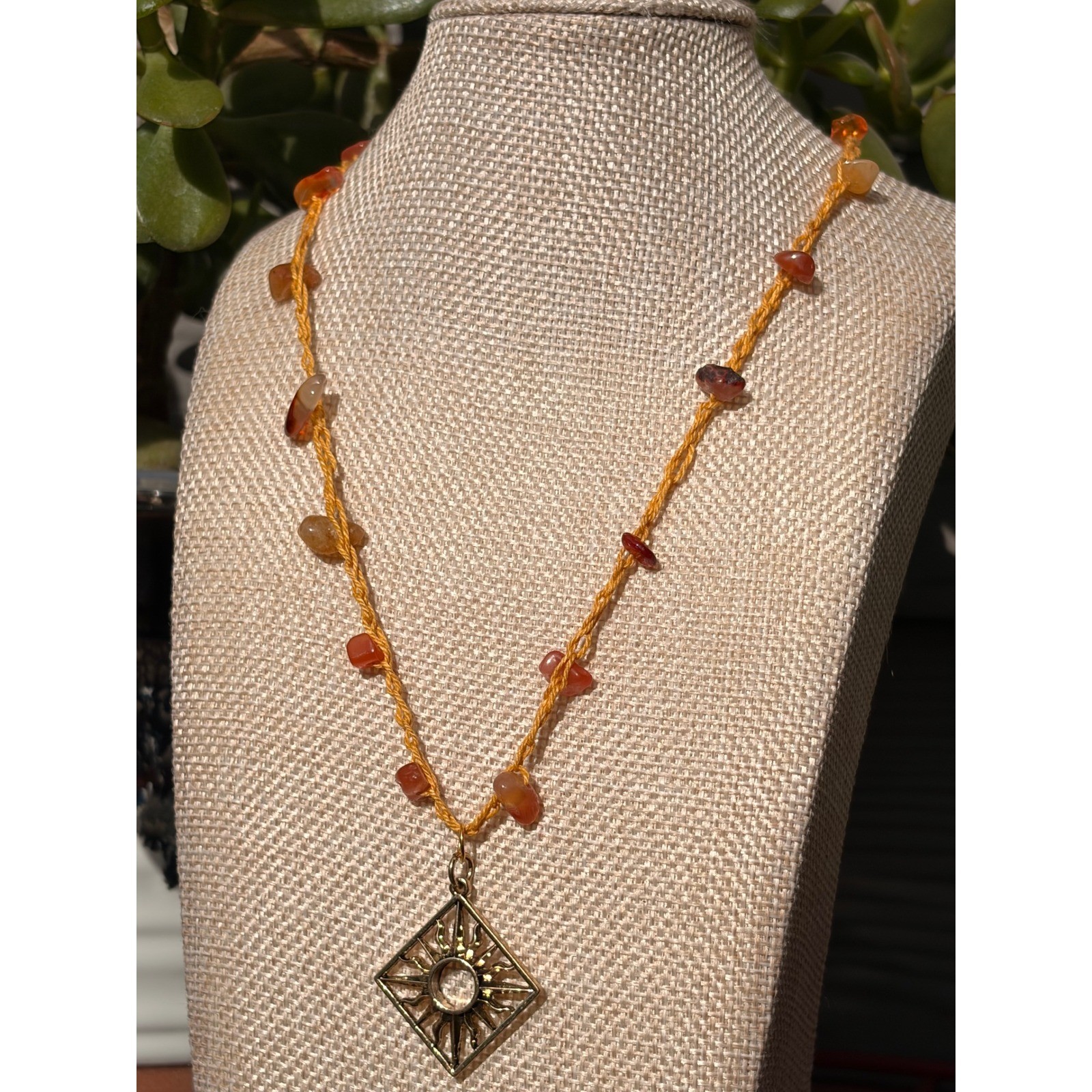 Handmade Carnelian Stone Sun Pendant Necklace Yellow Crochet Cord Boho Celestial