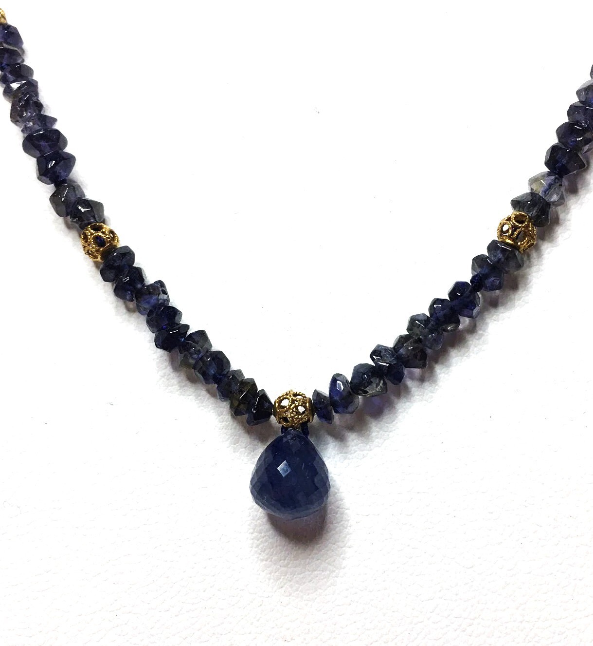 Faceted Natural Sapphire, Iolite, 14k Gold, Knotted Necklace,17″ long