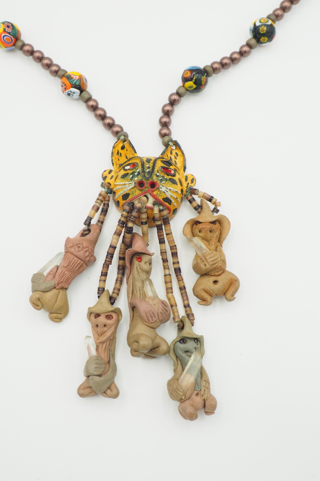 Fun Whimsical Artisan Clay millefiori glass beads quartz tribal cat necklace
