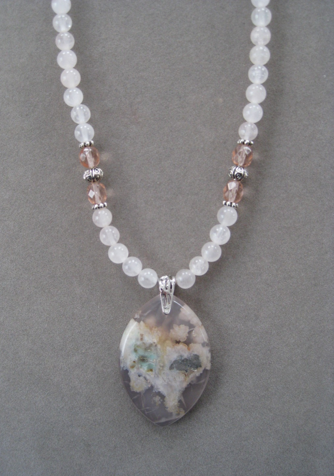 Lovely Pale Pink Scenic Dendrite Agate Pendant Necklace with Quartz Beads