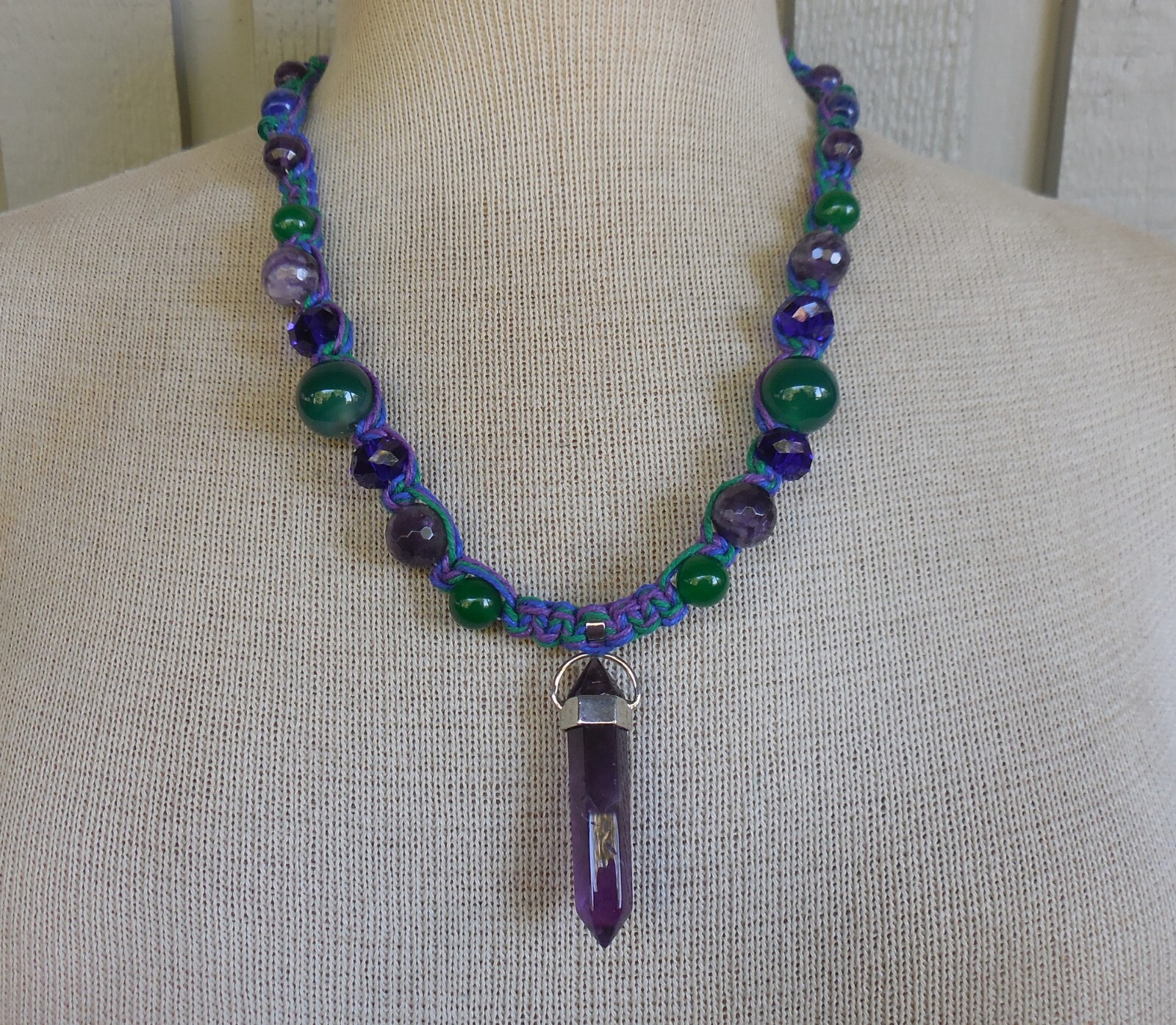 Amethyst Double Terminated Adjustable Hemp Necklace w/ Green Onyx Lapis Lazuli