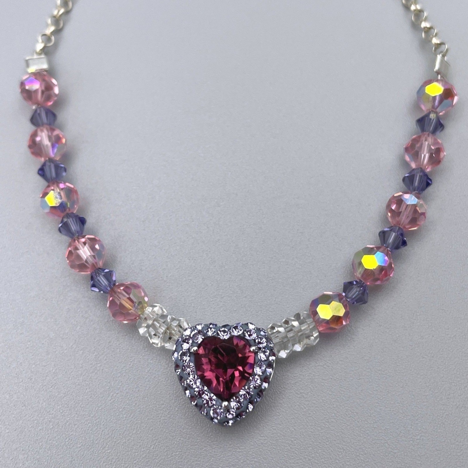 Sterling Silver Purple Pink Crystal Heart Necklace Sparkling Beaded Chain