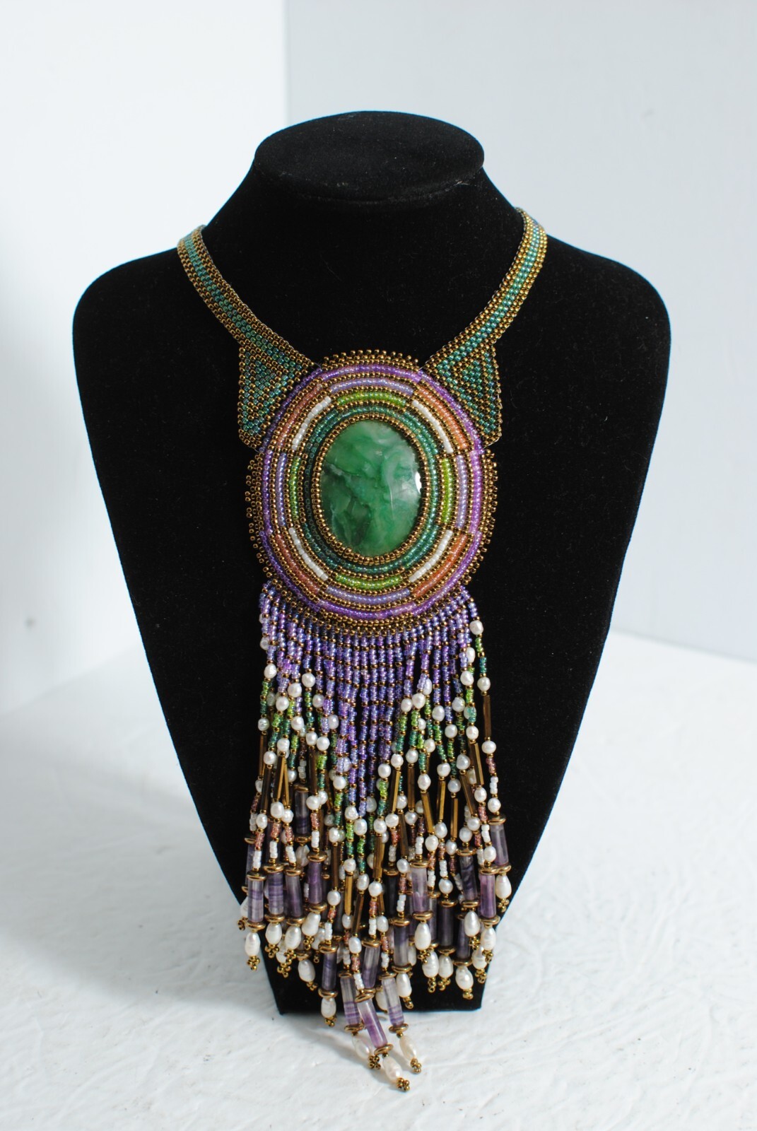 Seed Beaded Artist Design Drop Down Pendant Fringe Green Gemstone Necklace Sign