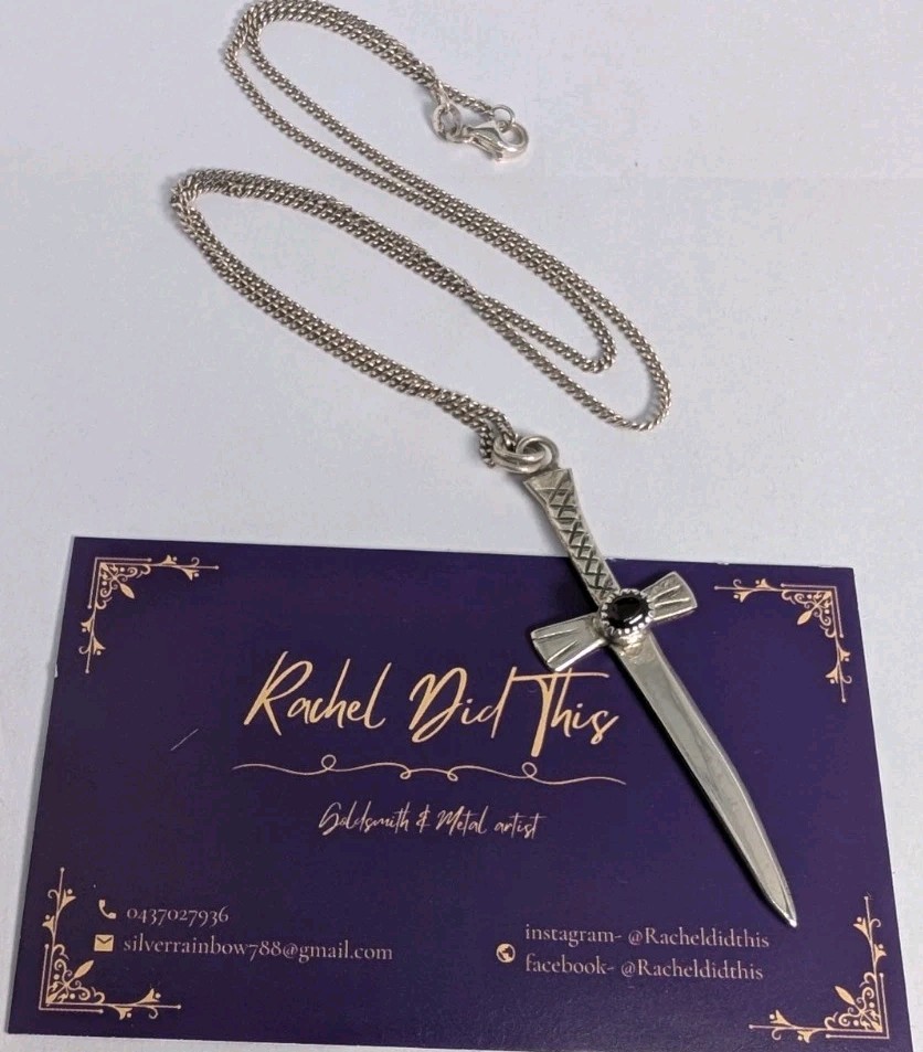 Garnet Medieval Style Artisan Hand Made Sterling Silver Sword Necklace .A19c