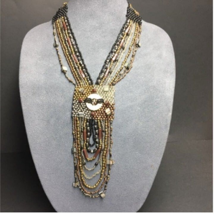 Seed Bead MOP Necklace Handmade Statement Gold Bronze Brown Black Retro BoHo
